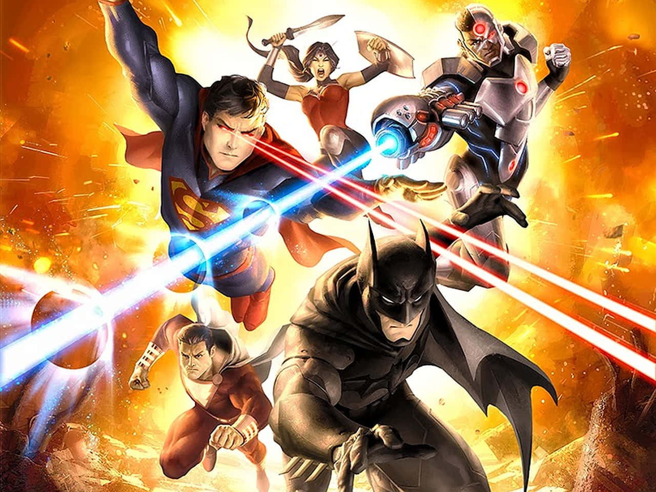 Justice League War 桌布 壁紙 — 超人、蝙蝠俠和神力女超人與鋼骨在激烈的爆炸戰鬥場景中交鋒。
