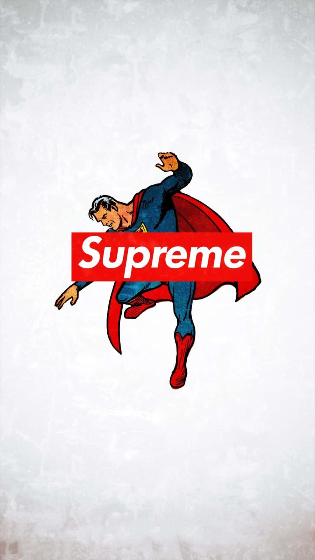 Supreme Cartoon 桌布 壁紙 — 超人動態飛行，紅色Supreme標誌疊加在他的軀幹上，背景為紋理白色。