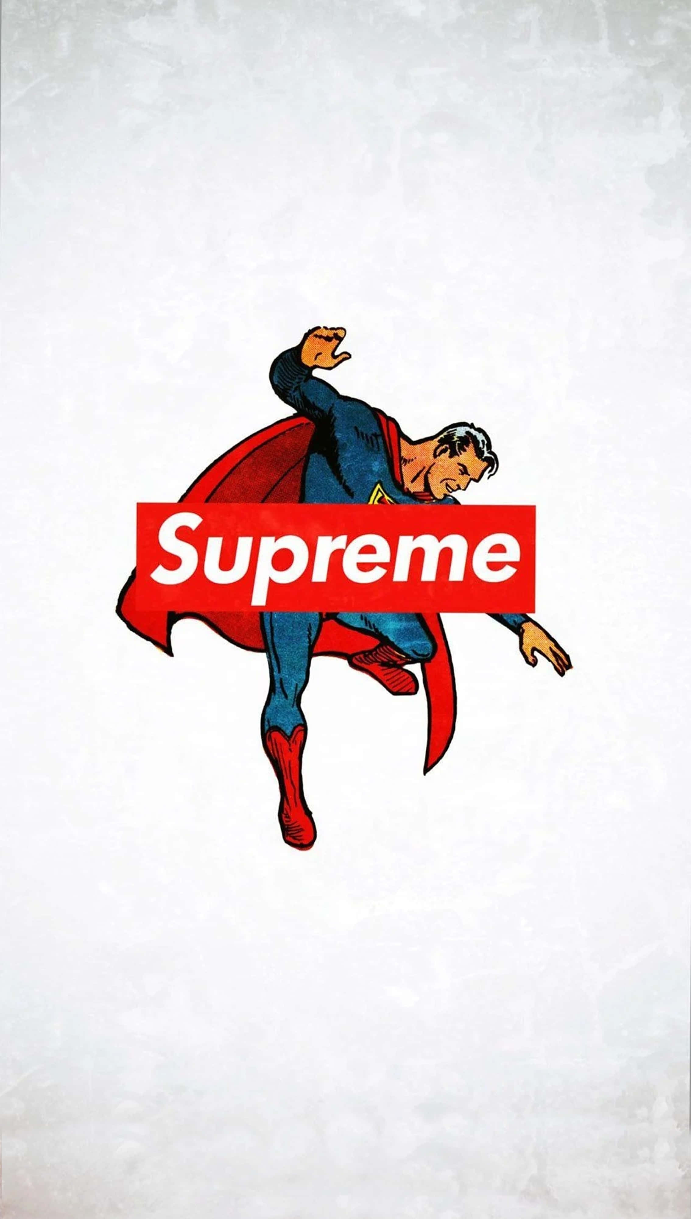 supreme aesthetic 桌布 壁紙 — 超人動態飛行，胸前疊加紅色Supreme標誌，背景為紋理白色。
