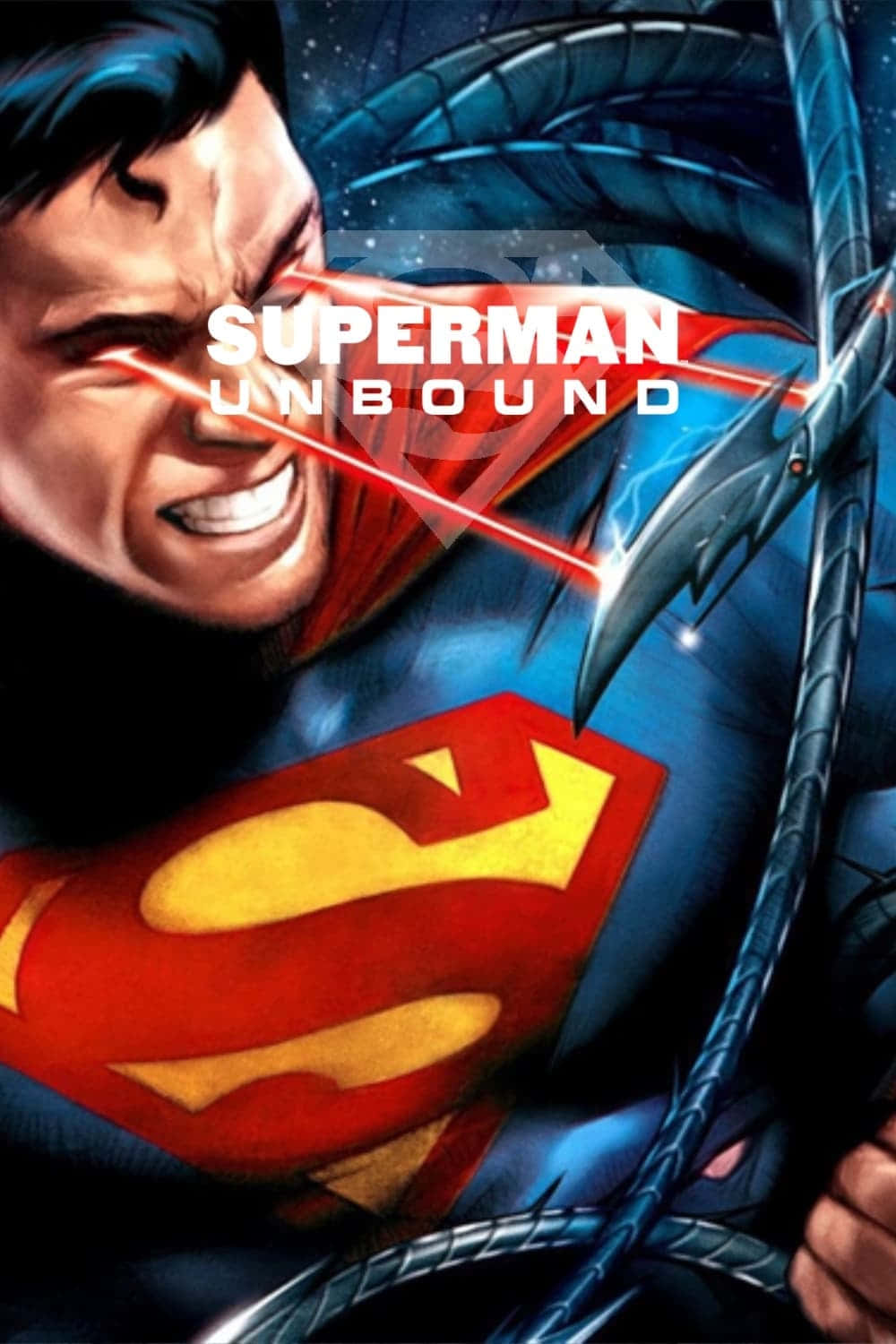 Superman Unbound 桌布 壁紙 — 超人咬緊牙關，紅色雷射光束從他的眼睛射向一條威脅性的金屬蛇。