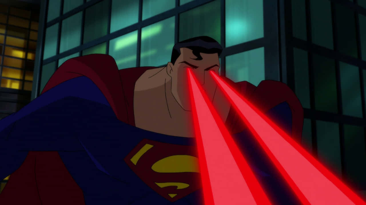 Superman The Animated Series 桌布 壁紙 — 超人在夜間向黑暗的城市景觀從眼睛發出強大的紅色雷射光束。