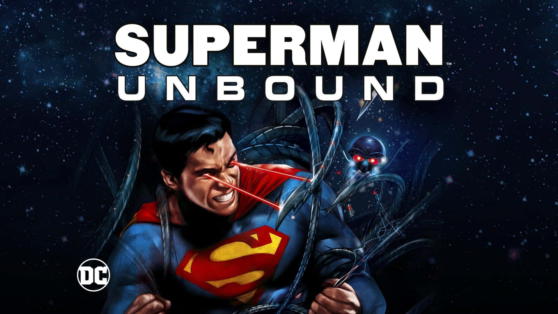 Superman Unbound 桌布 壁紙 — 超人在星光閃爍的宇宙背景下，與一個有發光紅眼的威脅外星人戰鬥。