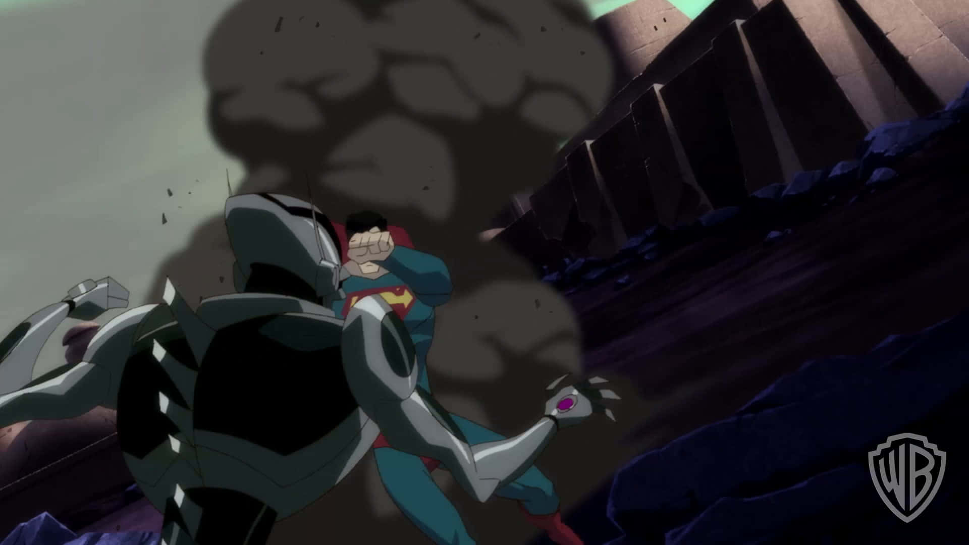 Superman Unbound 桌布 壁紙 — 超人在暴風雨的天空下，在崩塌的石頭廢墟中與一個機器人敵人戰鬥。