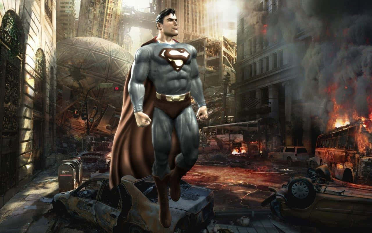 Mortal Kombat Vs Dc Universe 桌布 壁紙 — 超人在煙霧瀰漫的天空下，飛越一條戰火摧殘的城市街道，街道上有燃燒的車輛和倒塌的建築物。