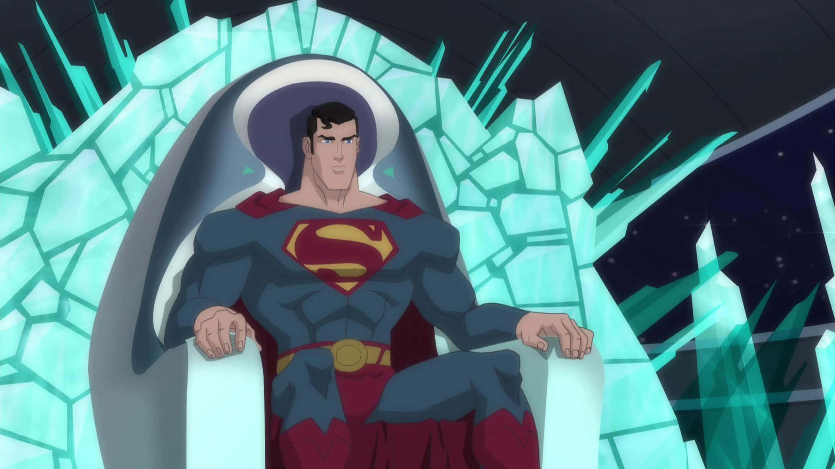 Superman Unbound 桌布 壁紙 — 超人威嚴地坐在閃爍青綠色水晶王座上，背景是繁星點點的夜空。