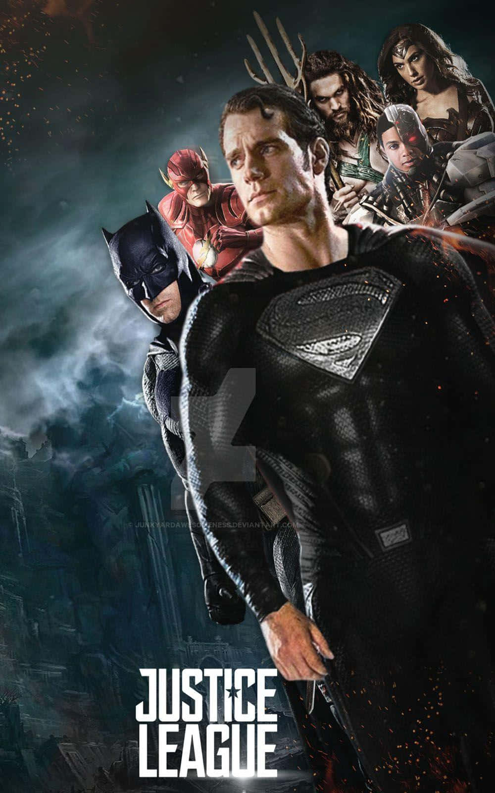 Zack Snyders Justice League 桌布 壁紙 — 超人帶領正義聯盟在戲劇性的黑暗城市景觀中，帶有發光的標誌和強烈的英雄姿勢。