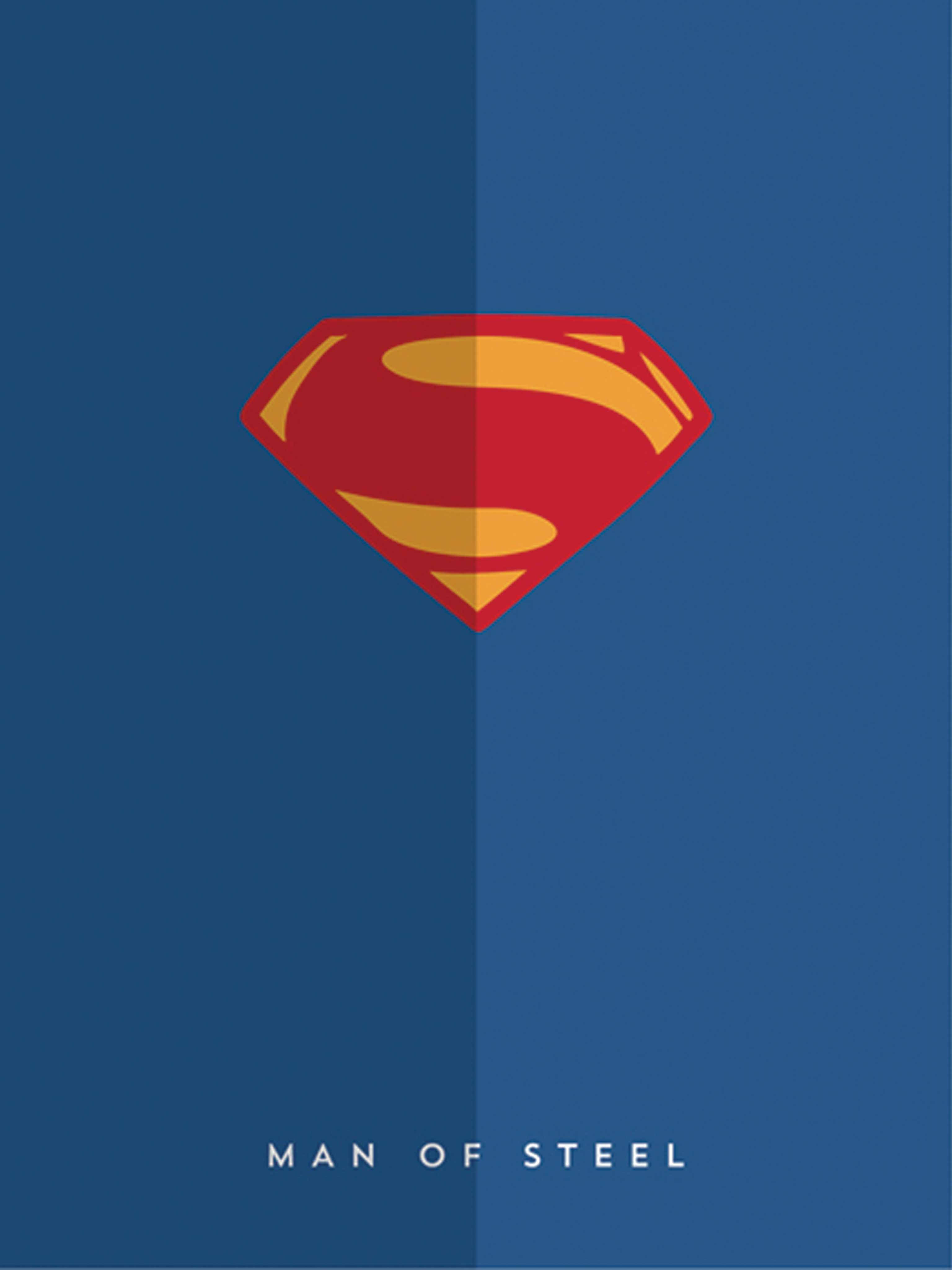 superman symbol iPhone 桌布 壁紙 — 超人標誌垂直分成紅色和黃色兩半，藍色背景，下方有「MAN OF STEEL」文字。