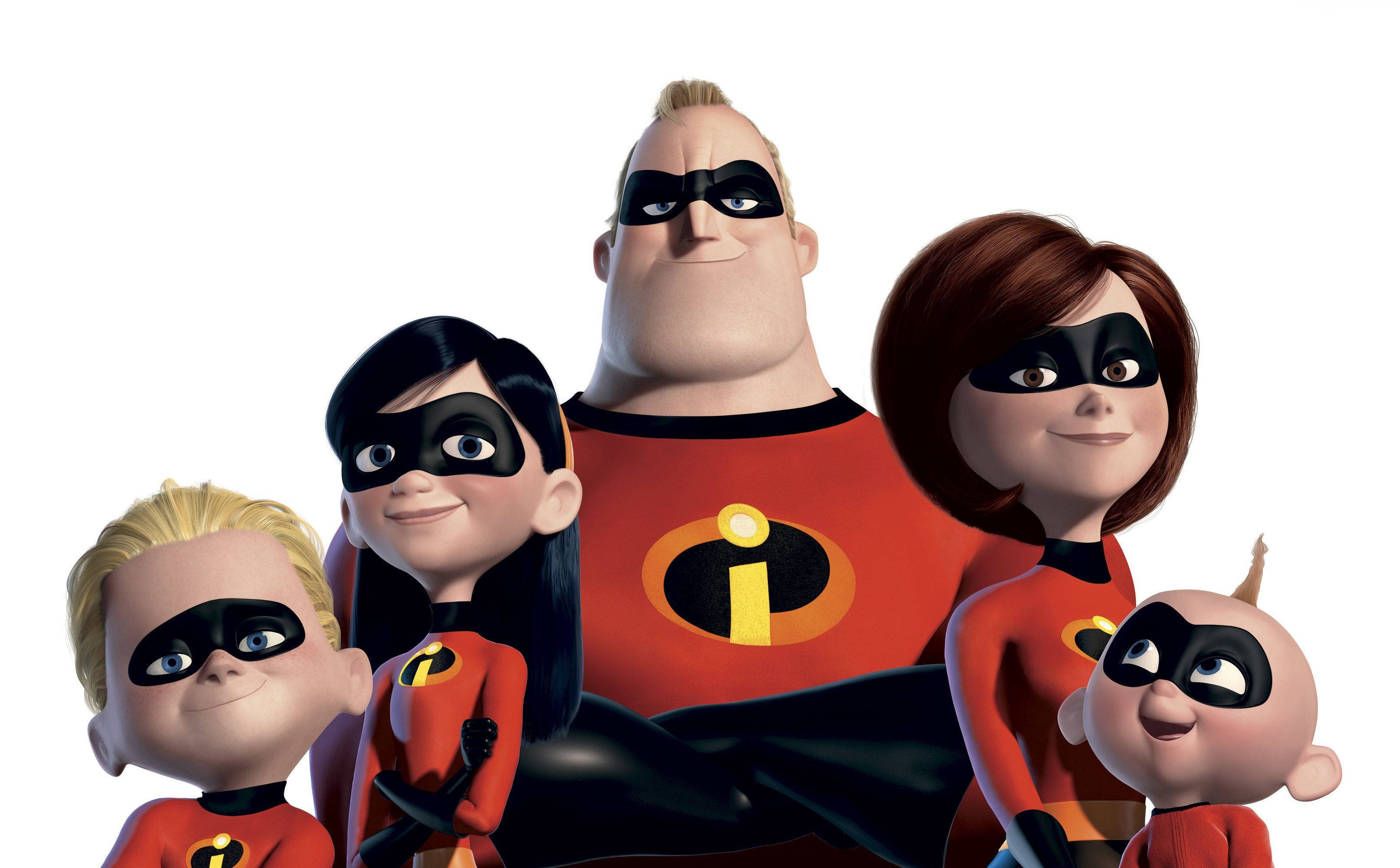 The Incredibles 桌布 壁紙 — 超人特攻隊一家穿著紅色超級英雄服裝，戴著黑色面具，在白色背景前一起擺姿勢。