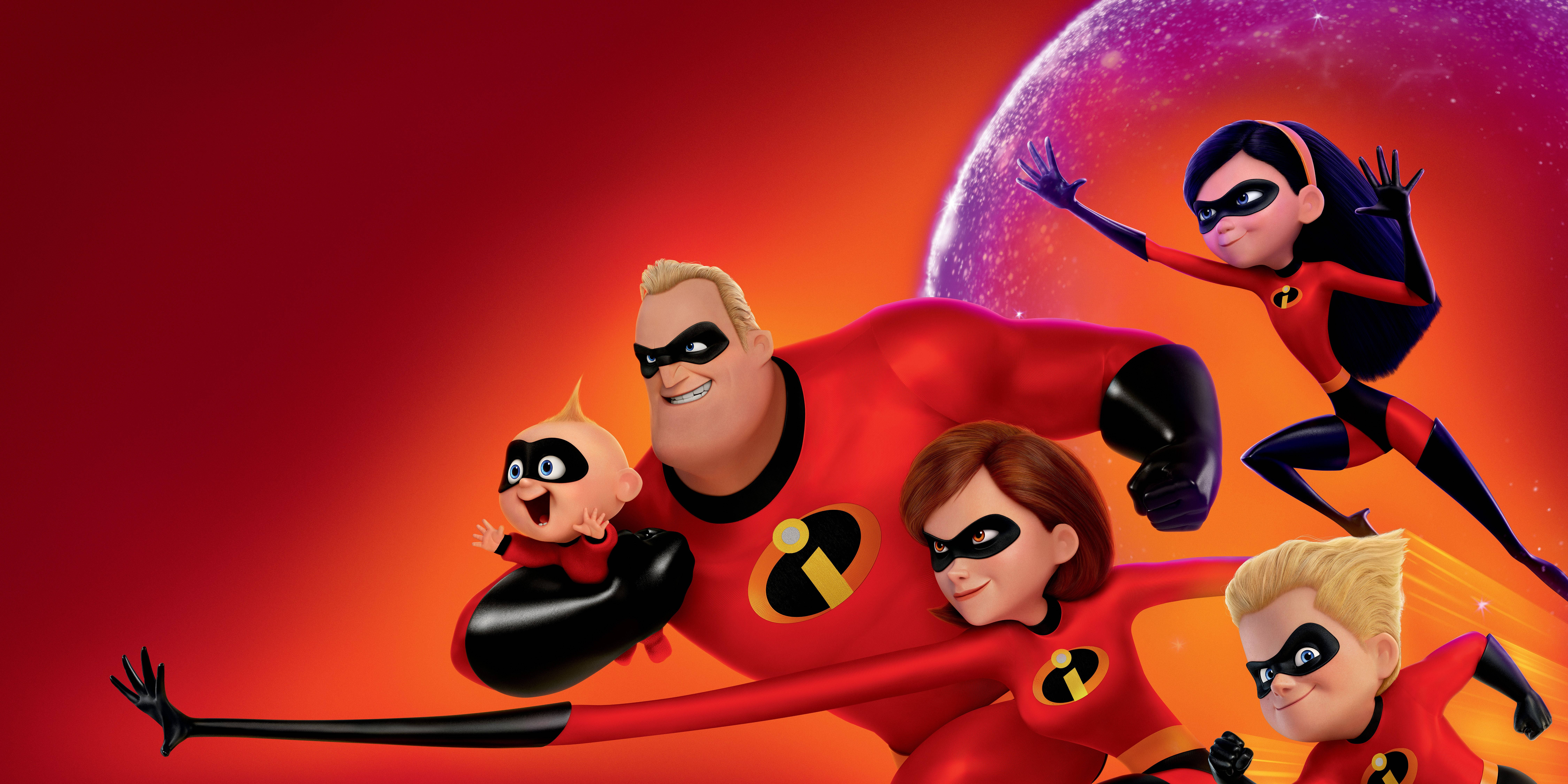 The Incredibles 桌布 壁紙 — 超人特攻隊家族身穿紅色超級英雄套裝，在熾熱的紅橙色宇宙背景和發光行星前動態擺姿勢。