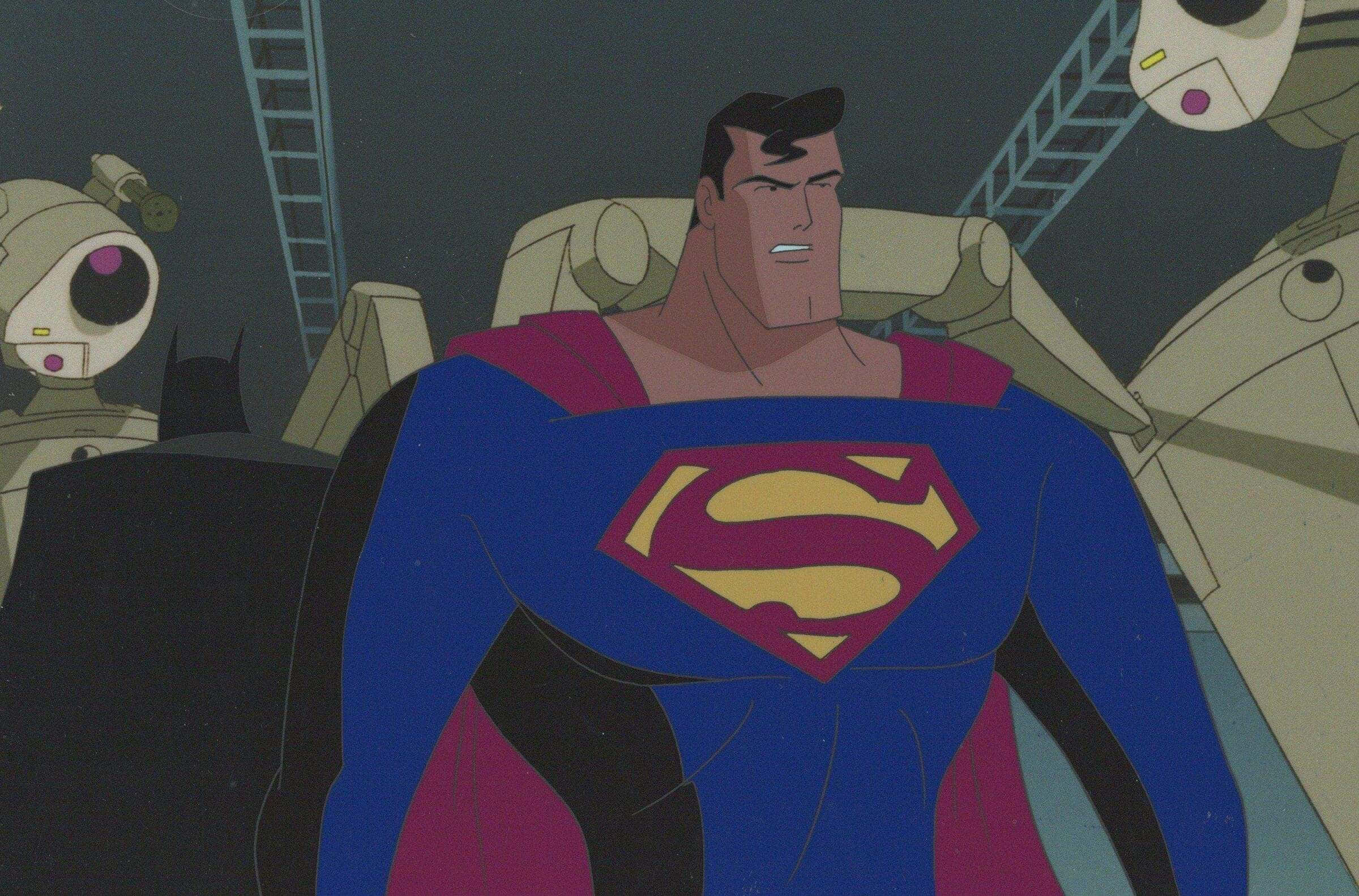 Superman The Animated Series 桌布 壁紙 — 超人穿著標誌性的藍色和紅色戰衣，在黑暗的工業環境中堅定地站立，附近有機器人身影。