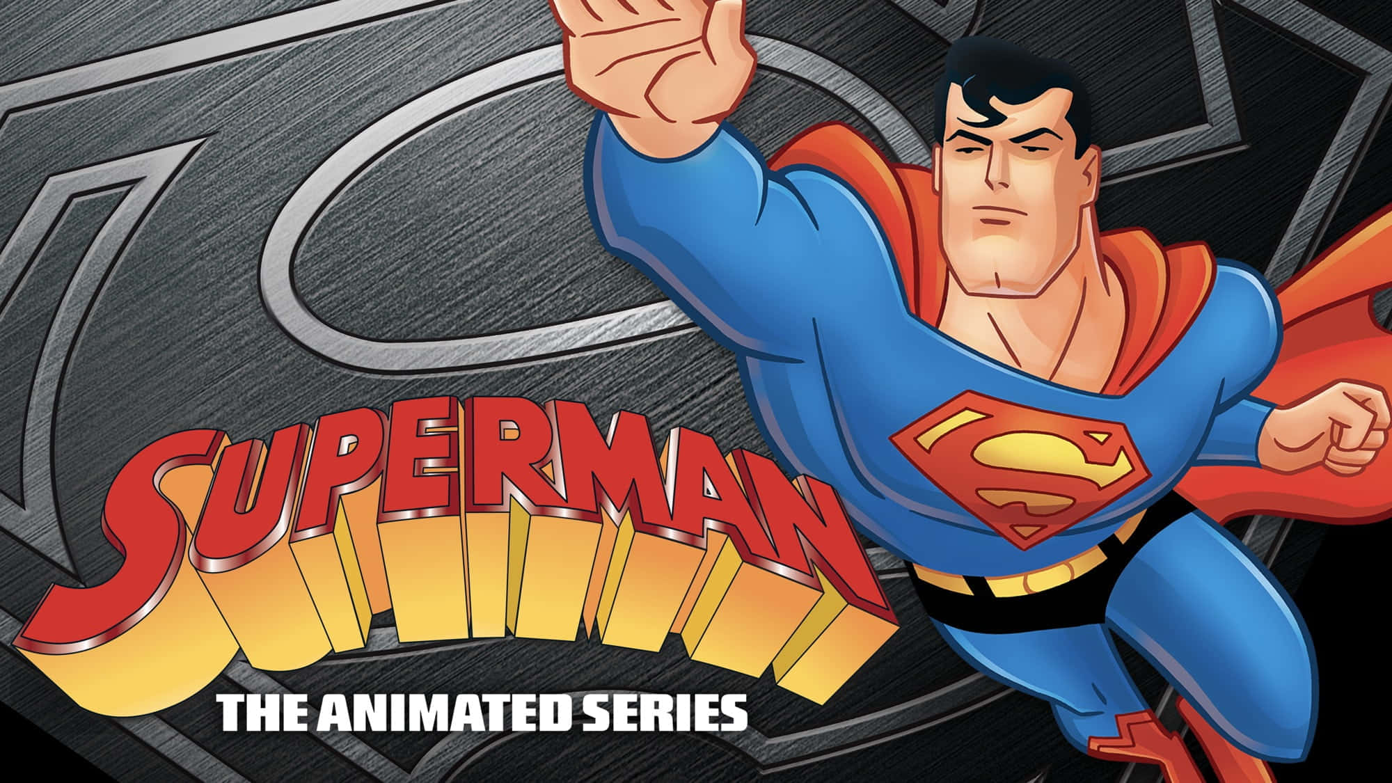 Superman The Animated Series 桌布 壁紙 — 超人穿著經典藍色和紅色套裝，在金屬背景和粗體標題文字下動態飛行。