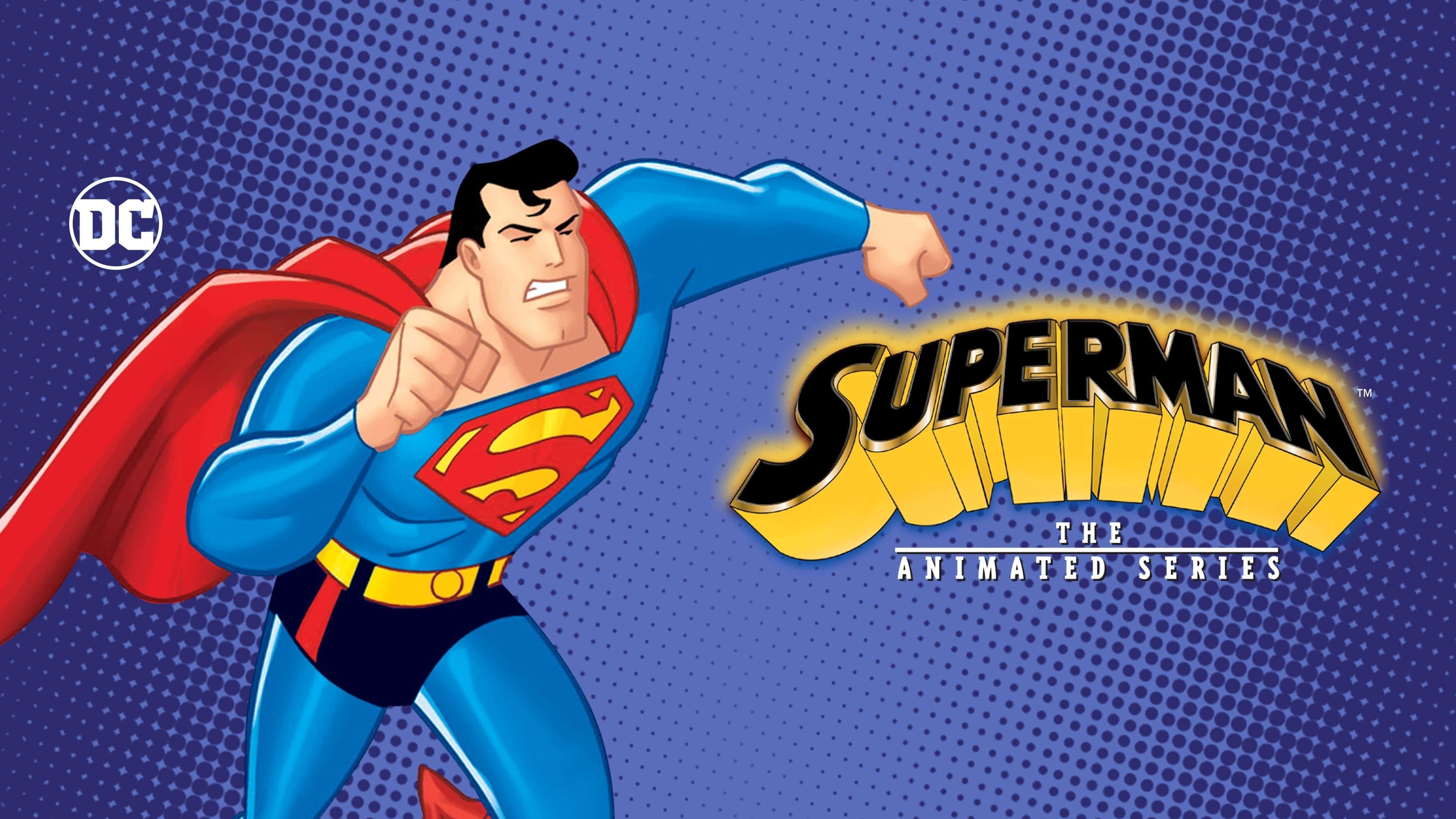 Superman The Animated Series 桌布 壁紙 — 超人穿著經典藍色和紅色服裝，在藍色半色調背景和動畫系列標題前向前出拳。