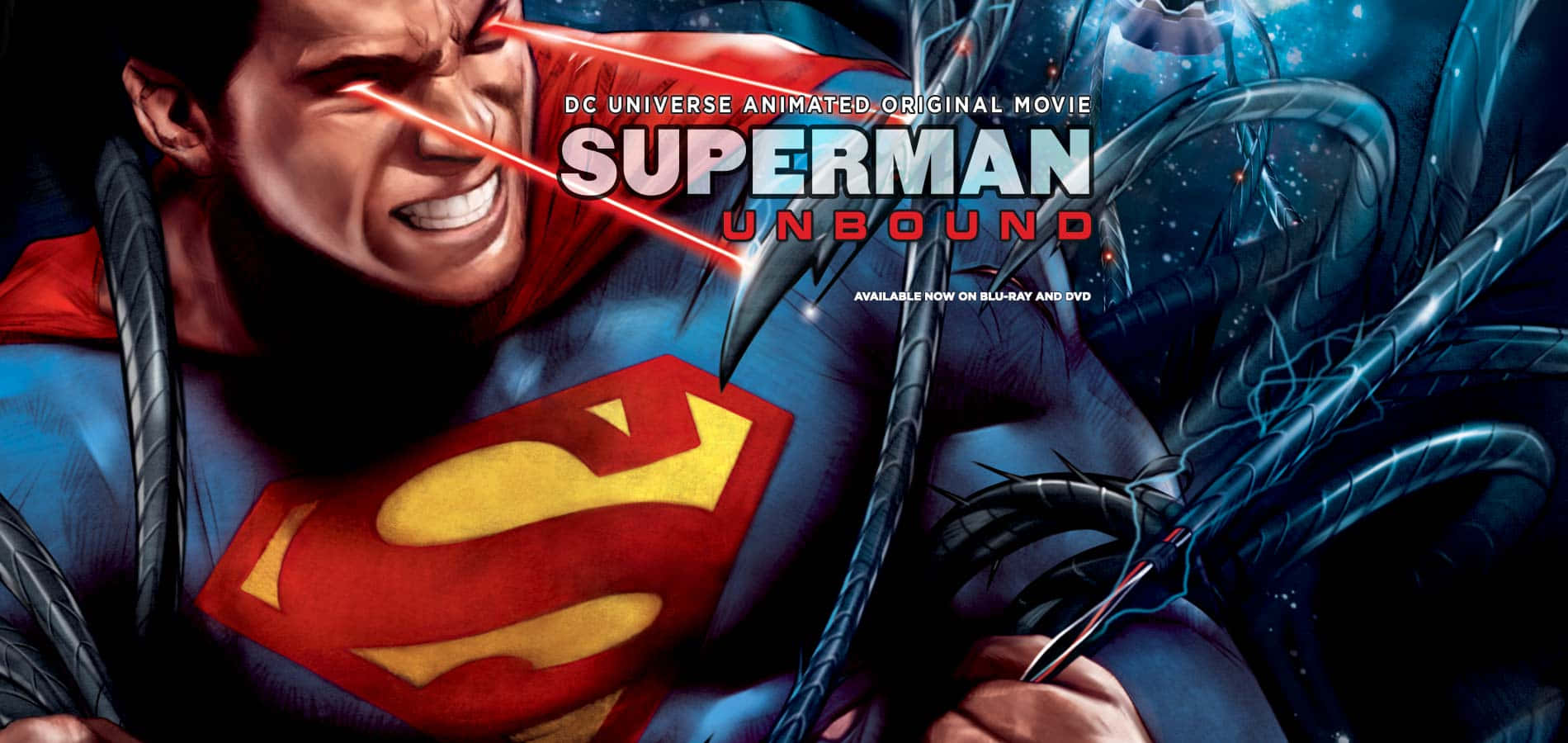 Superman Unbound 桌布 壁紙 — 超人與一隻擁有發光紅眼和雷射視力的黑暗觸手怪物戰鬥，出現在一張戲劇性的動畫電影海報中。