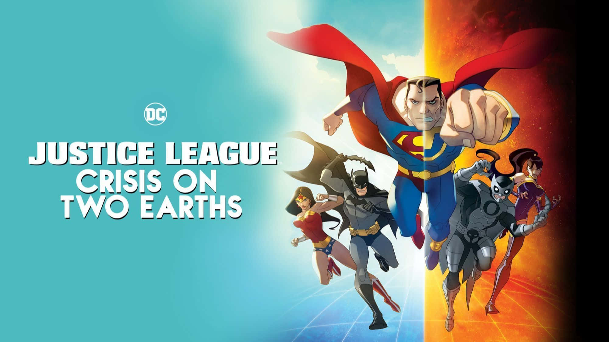 Justice League Crisis On Two Earths 桌布 壁紙 — 超人與正義聯盟英雄在分裂的藍色和橙色宇宙背景下動感飛行。