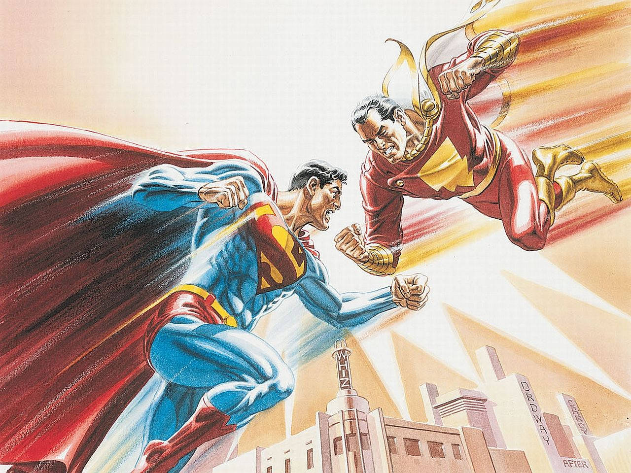 Shazam 桌布 壁紙 — 超人與沙贊在城市景觀上空半空中碰撞，帶有動態運動線條和戲劇性燈光。