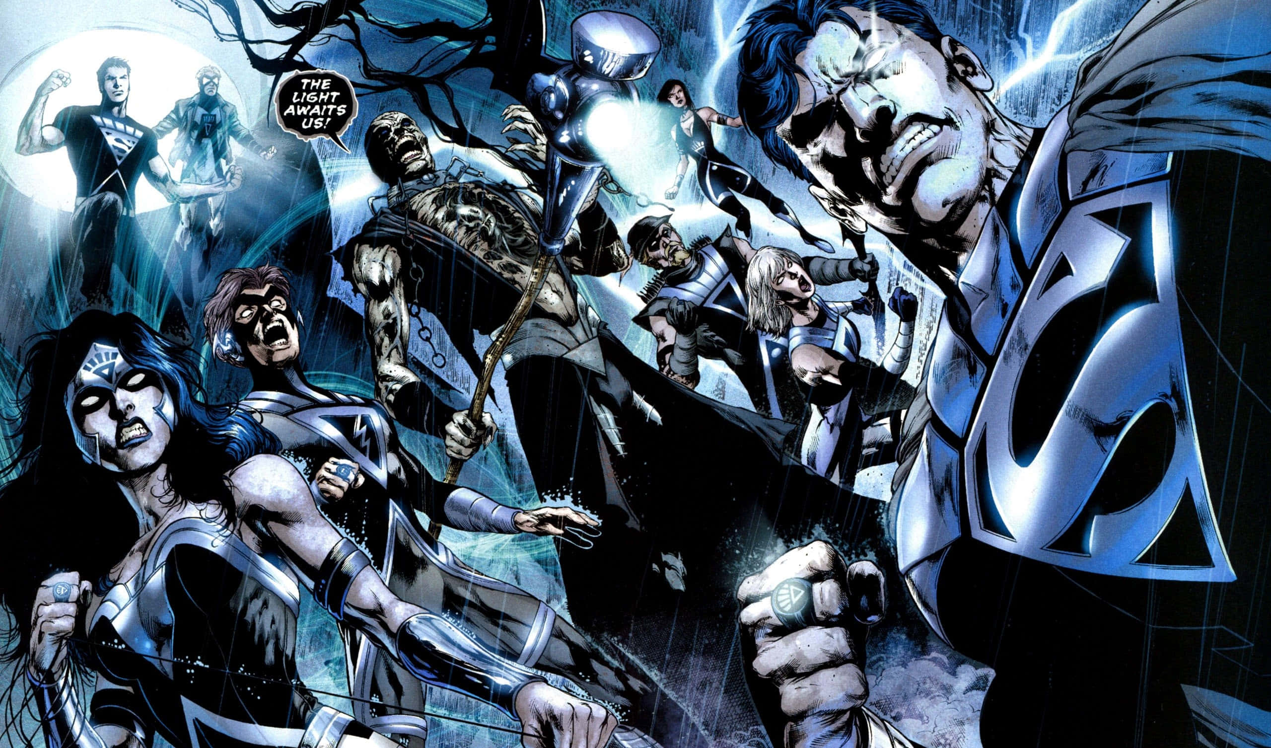 Blackest Night 桌布 壁紙 — 超人與神力女超人在一個戲劇性的漫畫書面板中帶領一場激烈的戰鬥對抗黑暗勢力。