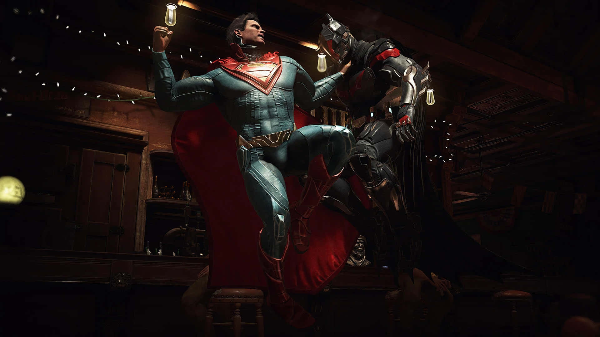 Superhero Video Games 桌布 壁紙 — 超人與蝙蝠俠並肩坐在燈光昏暗的酒吧裡，在串燈下拿著飲料。