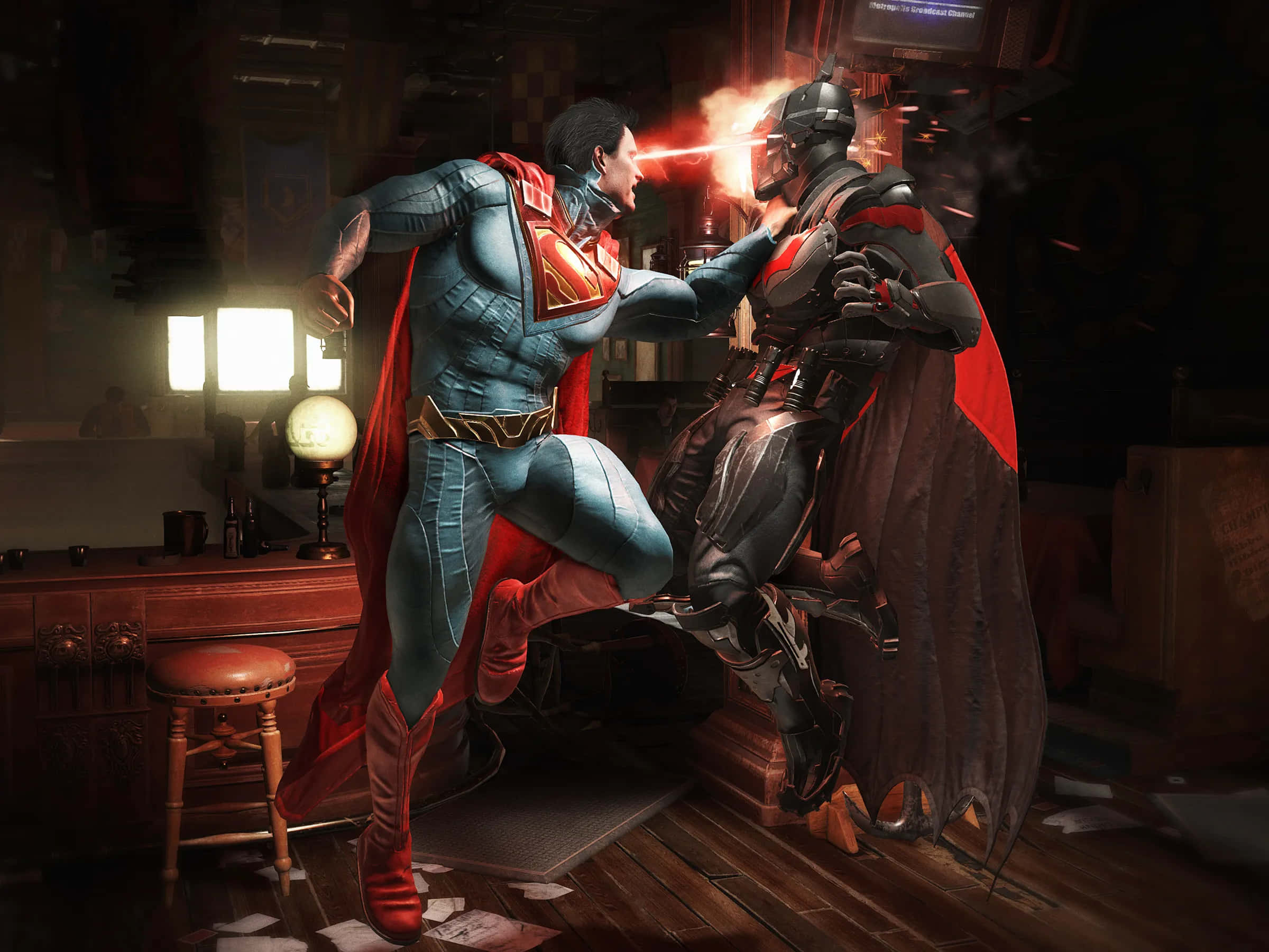 Superhero Video Games 桌布 壁紙 — 超人與蝙蝠俠在燈光昏暗的酒吧中衝突，紅色雷射光束和散落在木地板上的紙張。