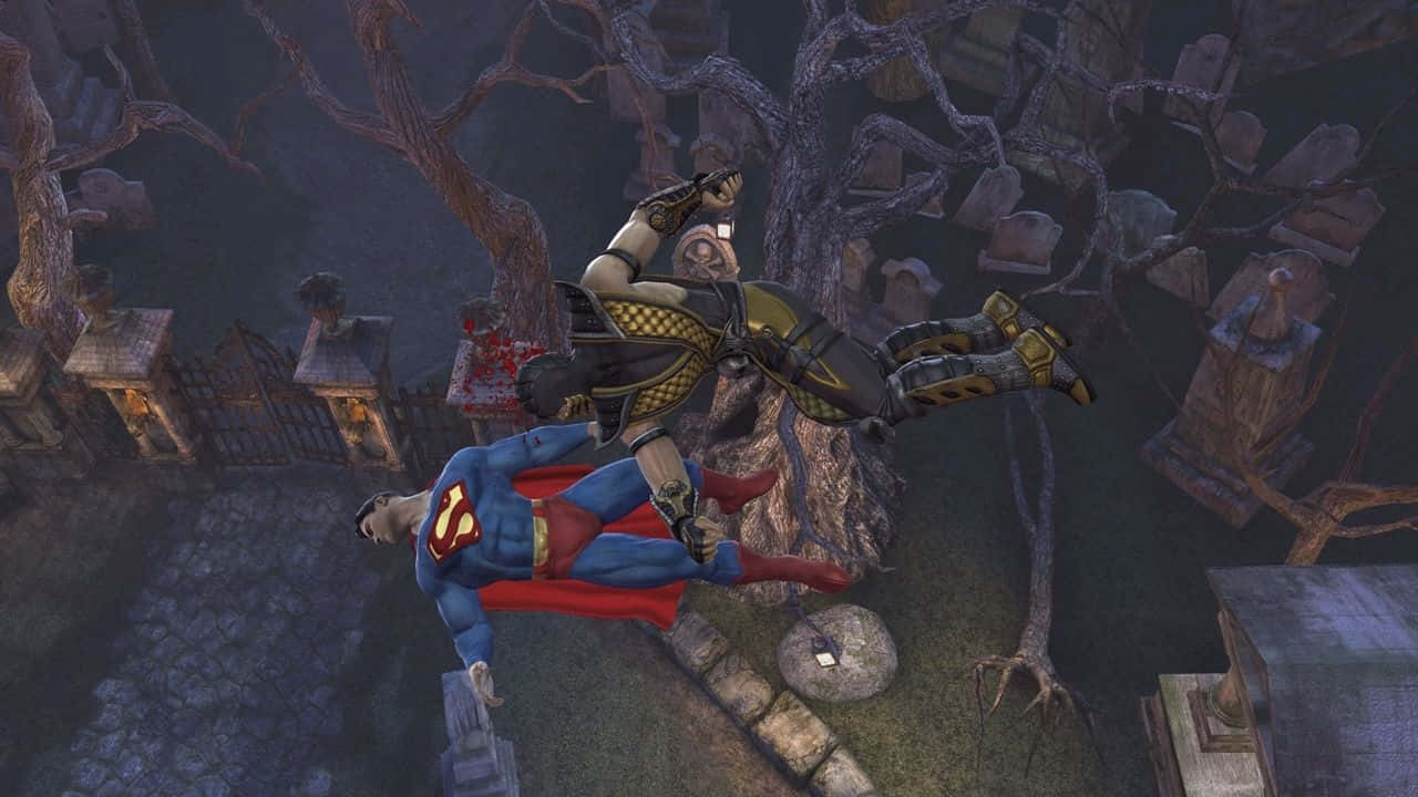 Mortal Kombat Vs Dc Universe 桌布 壁紙 — 超人與蠍子人在黑暗的哥德式墓地中，在扭曲的樹木和墓碑之間半空中碰撞。