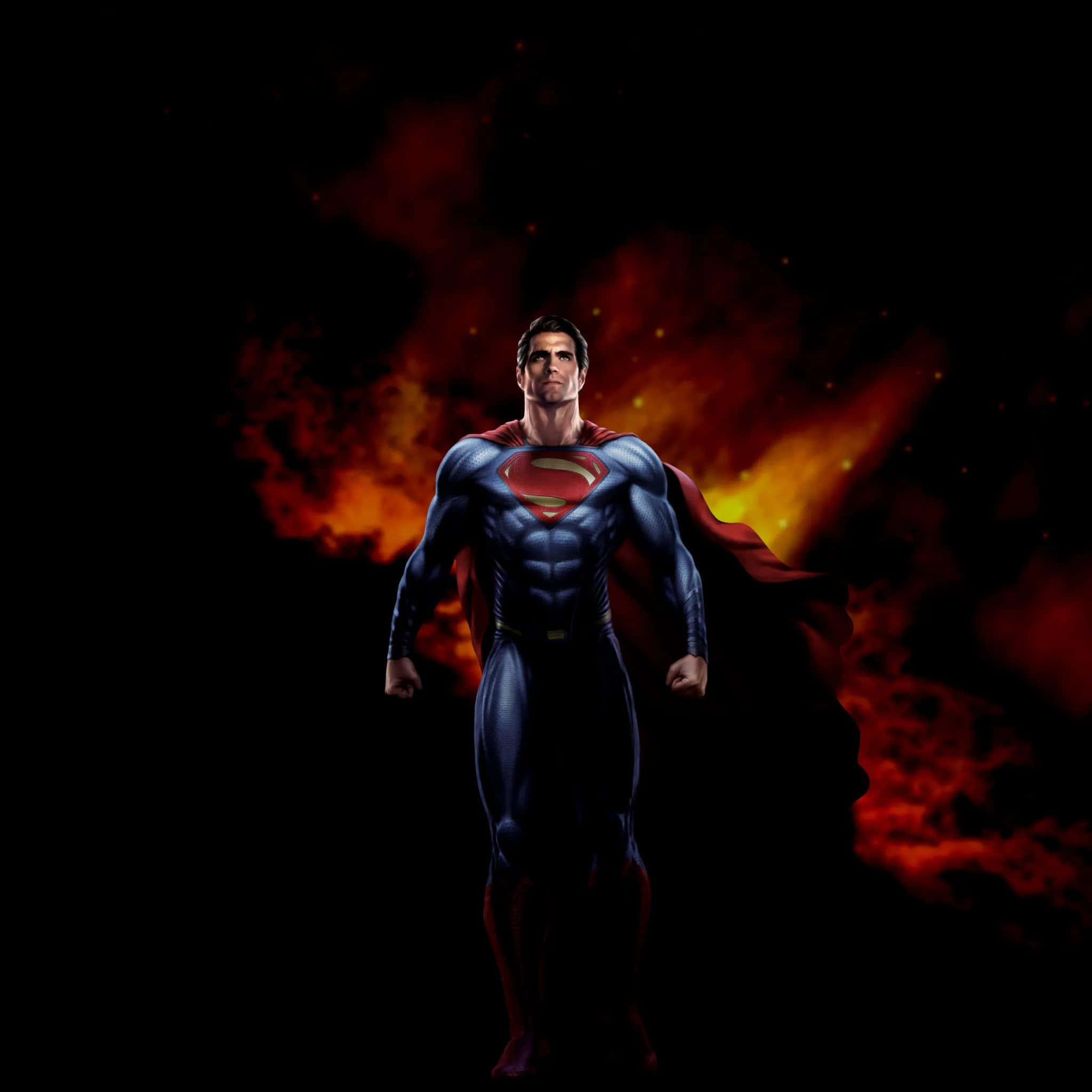 Hero 桌布 壁紙 — 超人英勇地站在熾熱的宇宙背景下，發光的餘燼在他周圍旋轉。