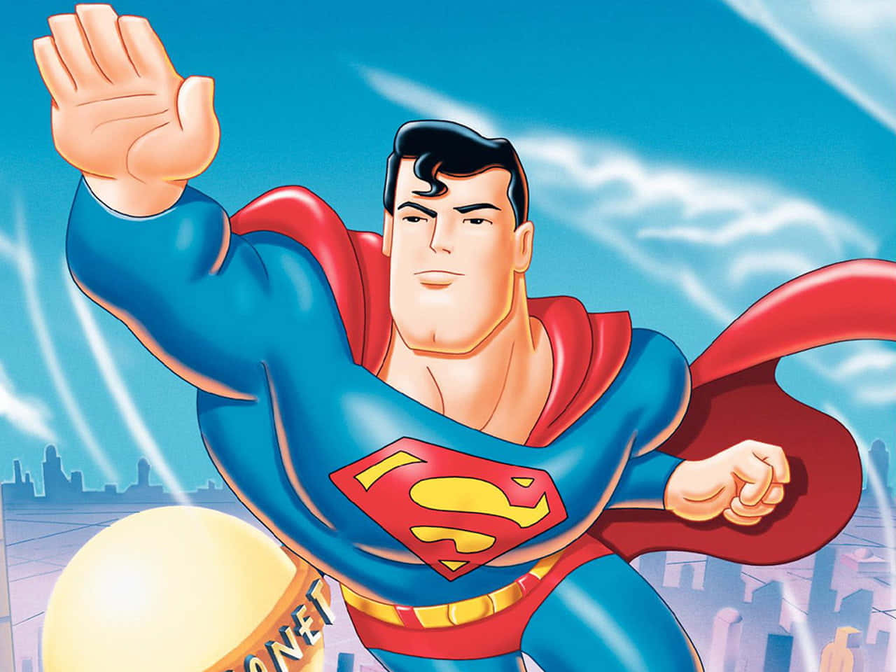 Superman The Animated Series 桌布 壁紙 — 超人英雄地飛過城市天際線，一隻手舉起打招呼，背景是明亮的藍天。