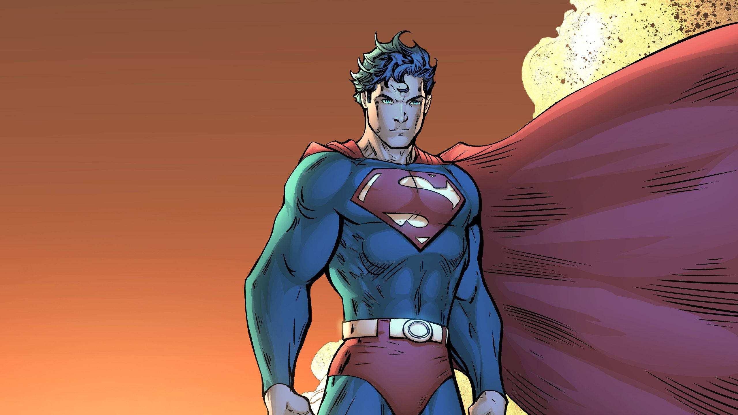 comic 桌布 壁紙 — 超人英雄般地站在溫暖的日落天空下，披風在他身後戲劇性地飄揚。