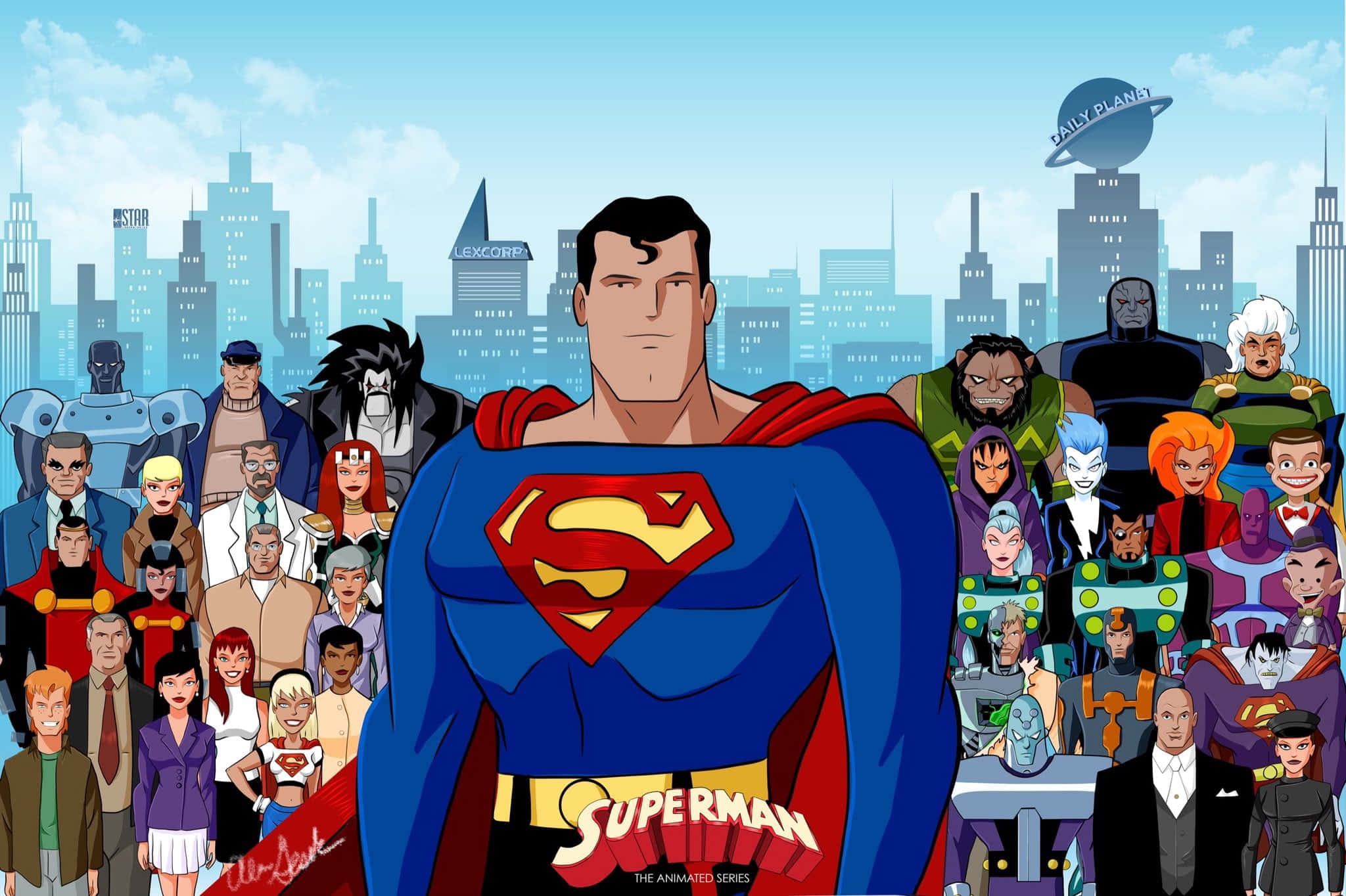 Superman The Animated Series 桌布 壁紙 — 超人英雄般地站在繁華的城市景觀前，周圍是他動畫化的正義聯盟盟友。