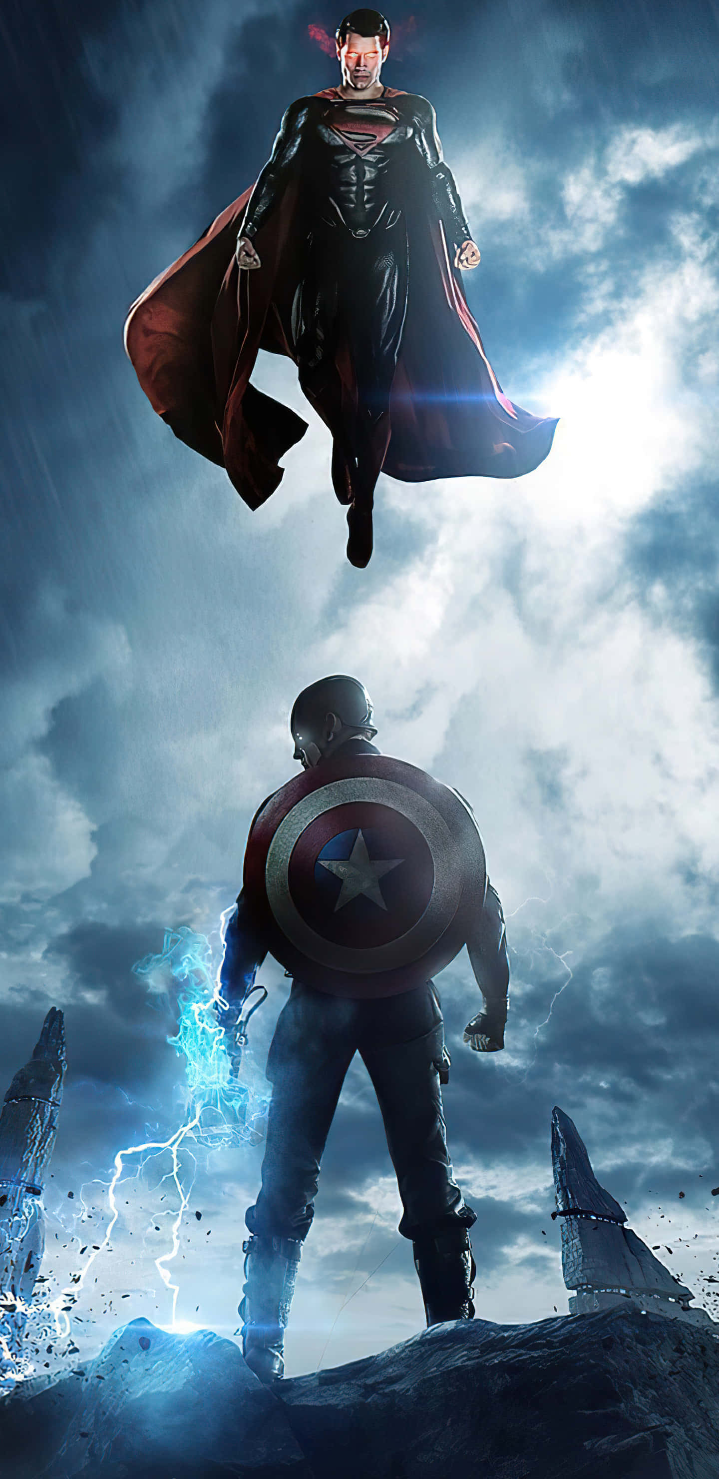 Pixel 3xl Captain America 桌布 壁紙 — 超人飛越美國隊長，美國隊長站在岩石上挑釁地揮舞閃電。