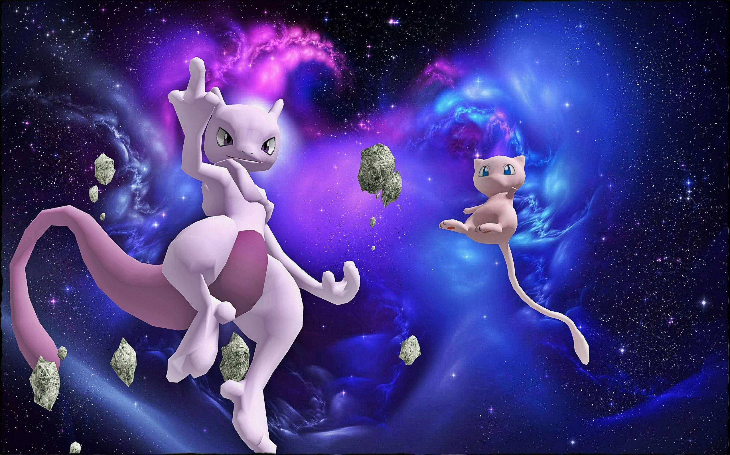Mew 桌布 壁紙 — 超夢和夢幻在星際銀河天空下，漂浮於宇宙星雲和浮石之間。