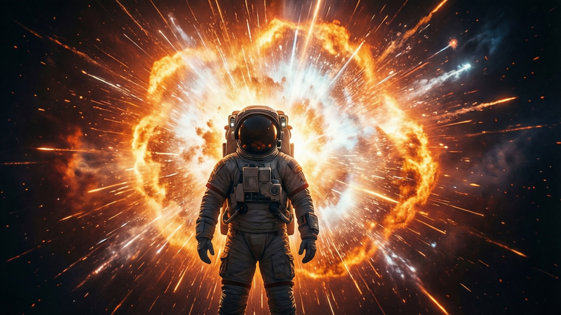 超新星剪影 壁紙 — 一名太空人站在深空中一場巨大的熾熱爆炸前，伴隨著耀眼的橙色和白色衝擊波。