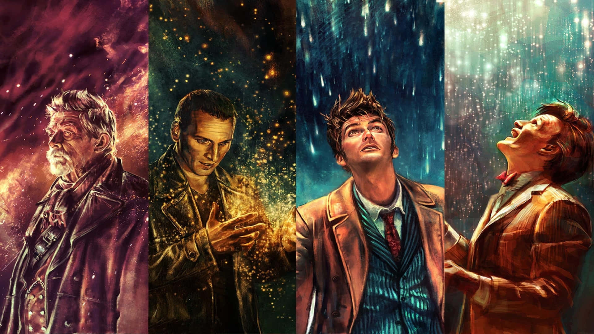 Tv Series 桌布 壁紙 — 《超時空奇俠》中四位博士的化身站在宇宙面板中，各自以獨特的星空或星雲背景為襯托。