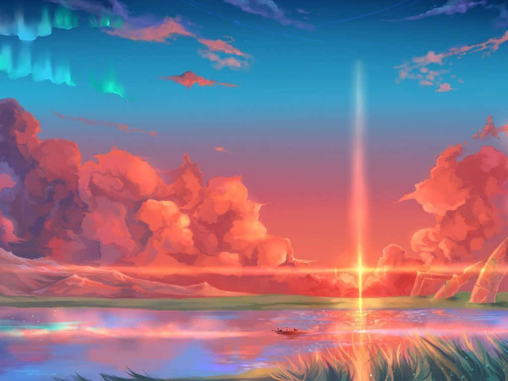 Beautiful Anime Scenery 桌布 壁紙 — 超現實動漫風景，發光光束穿透粉紅雲層，映照在平靜湖面上的極光和遠山。