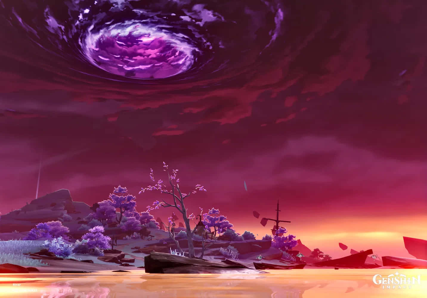 Genshin 桌布 壁紙 — 超現實動漫風景，紫色樹木和發光漩渦在深紅色的天空下映照水面。