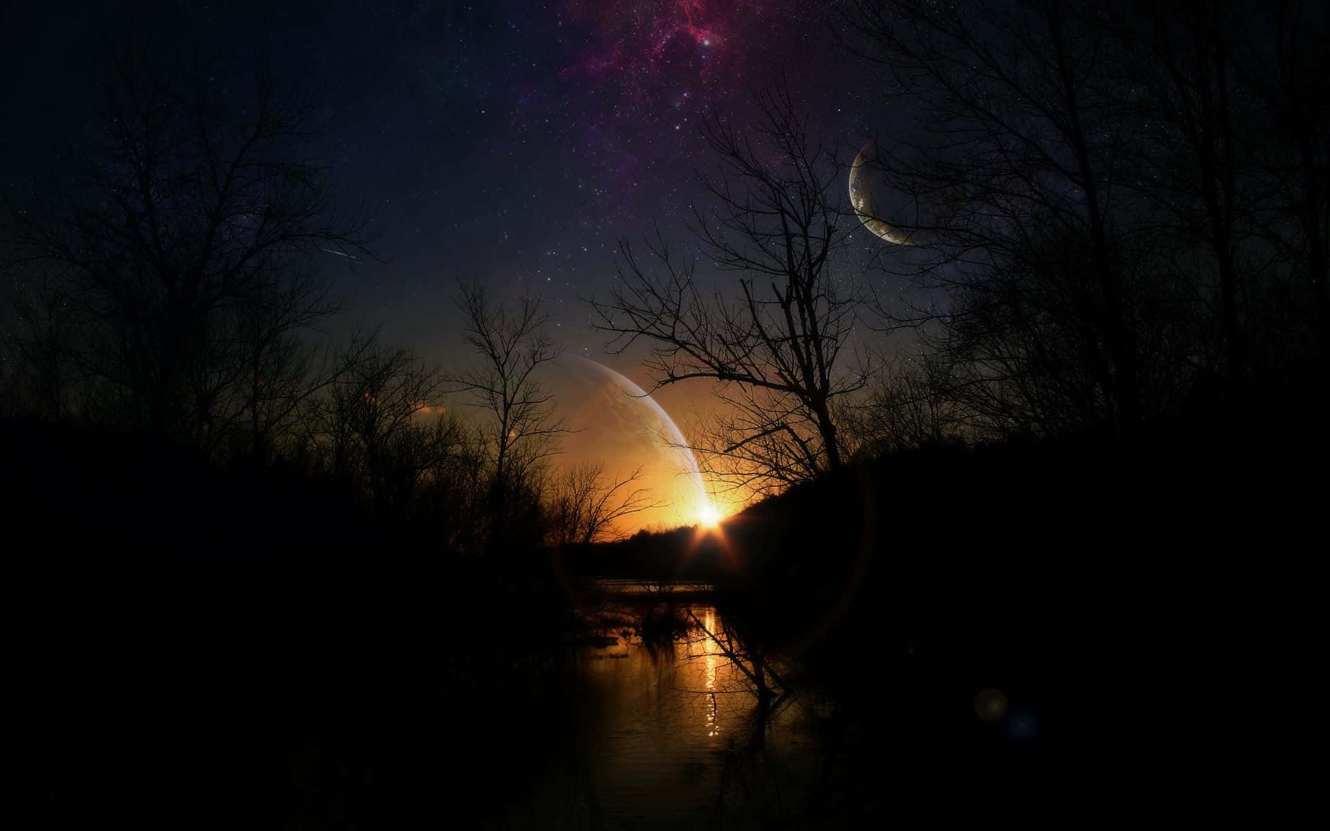 Mysterious 桌布 壁紙 — 超現實夜景，發光行星從河上升起，河邊有光禿樹木，星空中有新月。