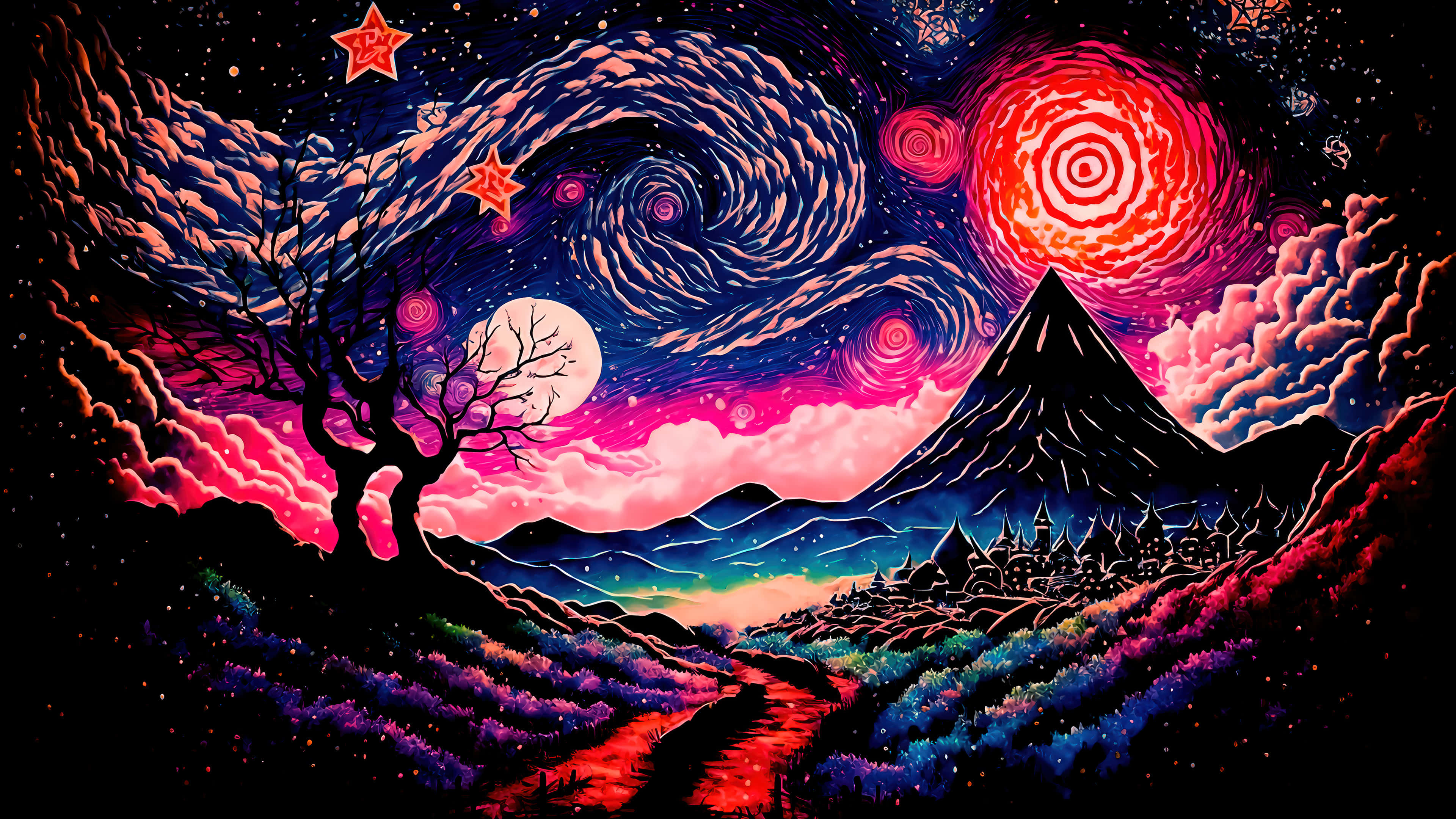 Trippy Sky 桌布 壁紙 — 超現實夜景，蜿蜒小徑通往山間村莊，上方是旋轉的宇宙天空，點綴著紅色星星和發光的太陽。