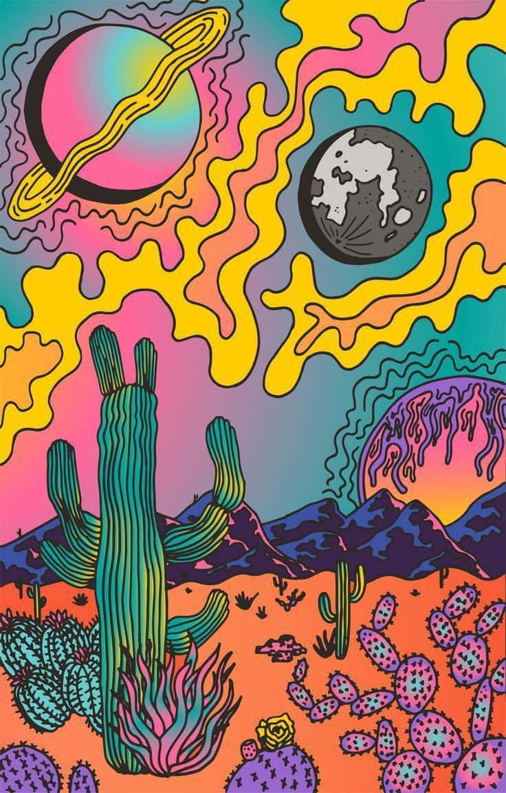 Vintage Hippie 桌布 壁紙 — 超現實天空下，霓虹仙人掌山脈與旋轉宇宙行星交織的迷幻沙漠場景。