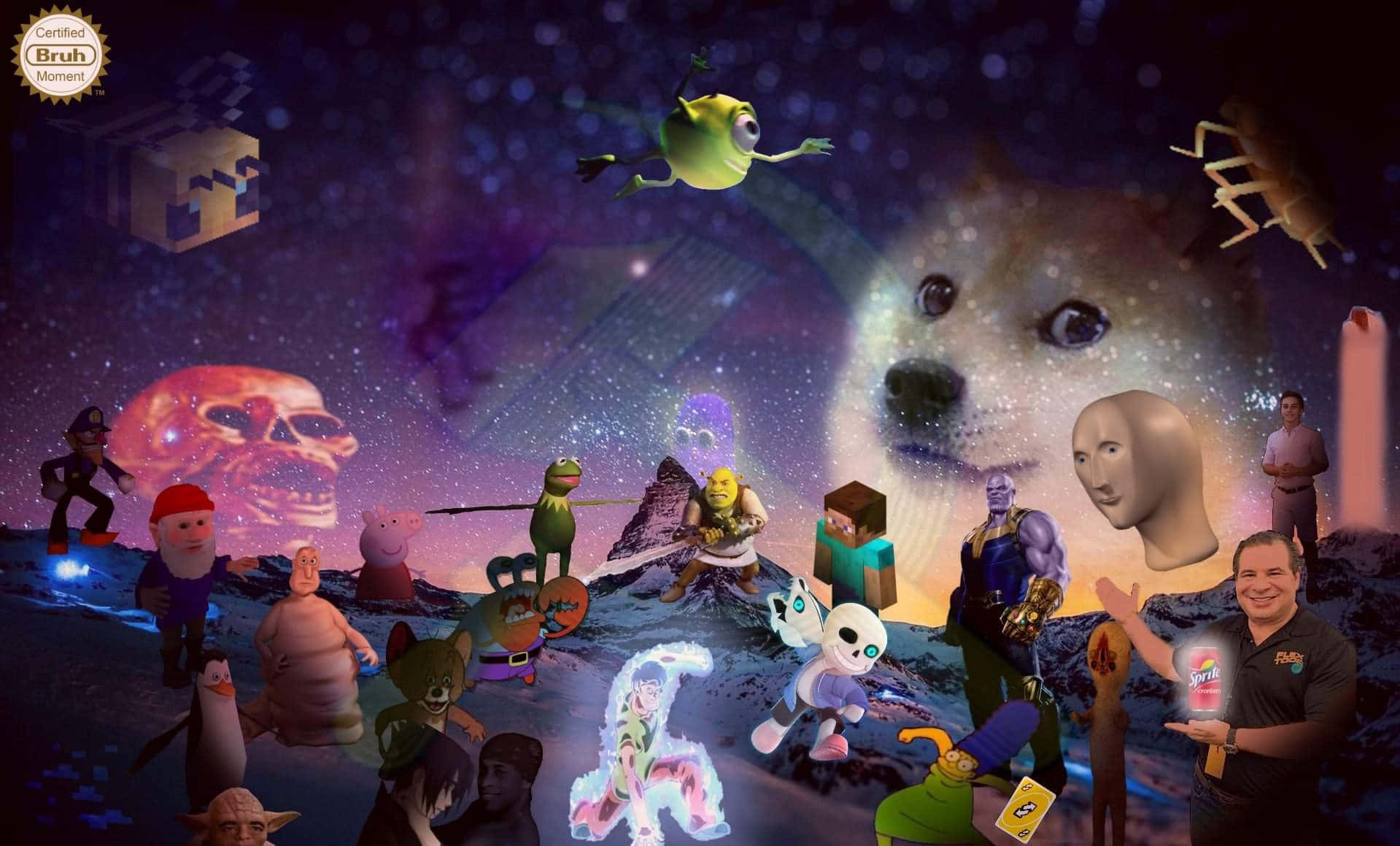 meme 桌布 壁紙 — 超現實宇宙拼貼畫，網際網路迷因和流行文化圖標漂浮在星光點點的紫色星雲上。