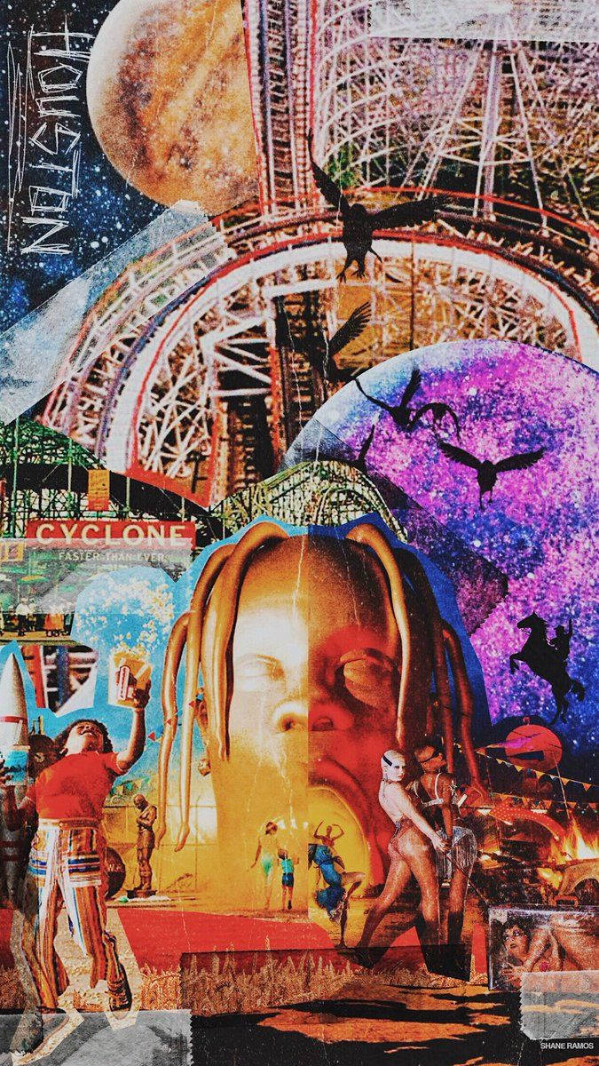 Astroworld 桌布 壁紙 — 超現實拼貼畫將巨臉與雲霄飛車、宇宙球體和星空下的人物融合在一起。
