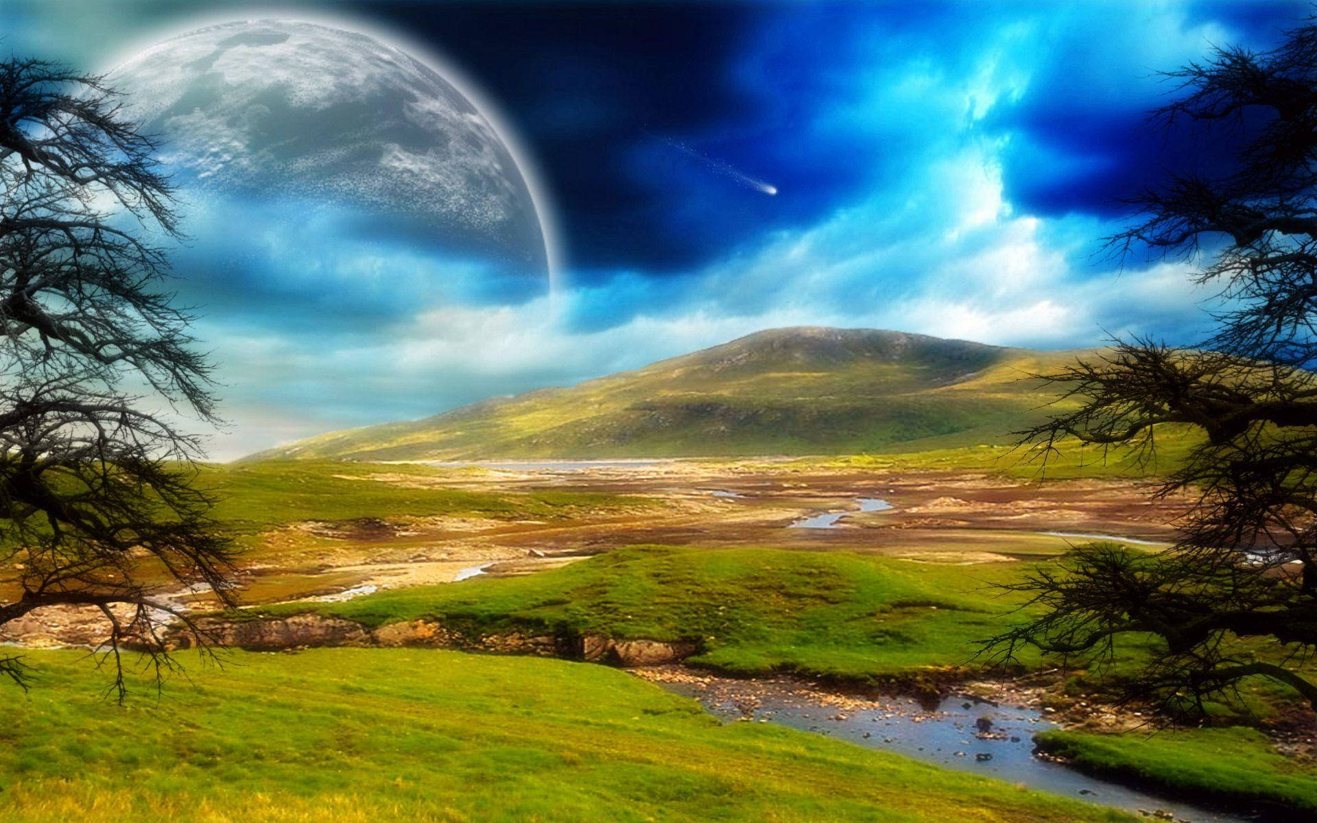 在戲劇性的天空下，巨大月亮和彗星下的綠色山丘和河流。 — 高清自然 壁紙