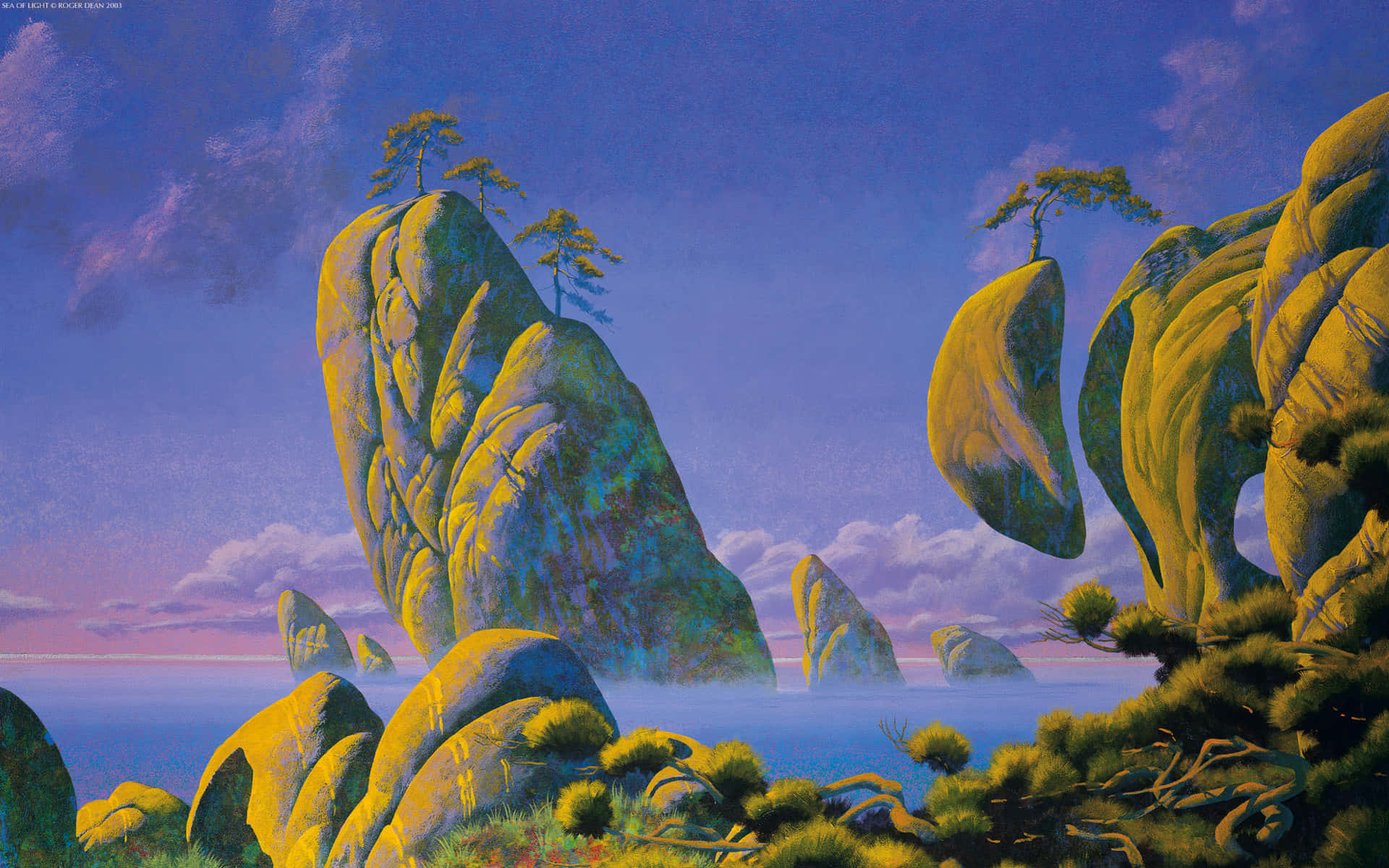 Trippy Nature 桌布 壁紙 — 超現實景觀，巨大發光的黃色岩石和稀疏的松樹，在紫色和藍色雲彩的暮色天空下。