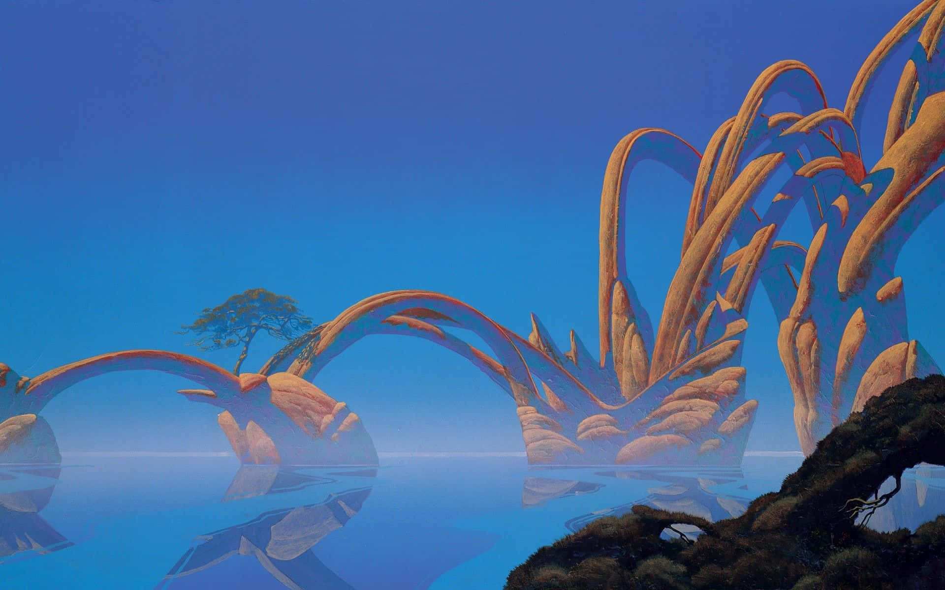 Album Cover 桌布 壁紙 — 超現實景觀，巨大的橙色珊瑚狀岩石結構在晴朗天空下拱起於平靜的藍色湖泊之上。