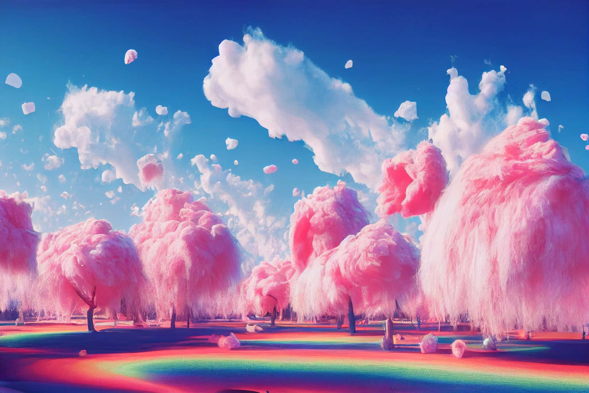 Trippy Aesthetic Cloud 桌布 壁紙 — 超現實景觀，有 fluffy 粉紅色棉花糖樹，在充滿棉花糖雲的 vibrant 藍天下。