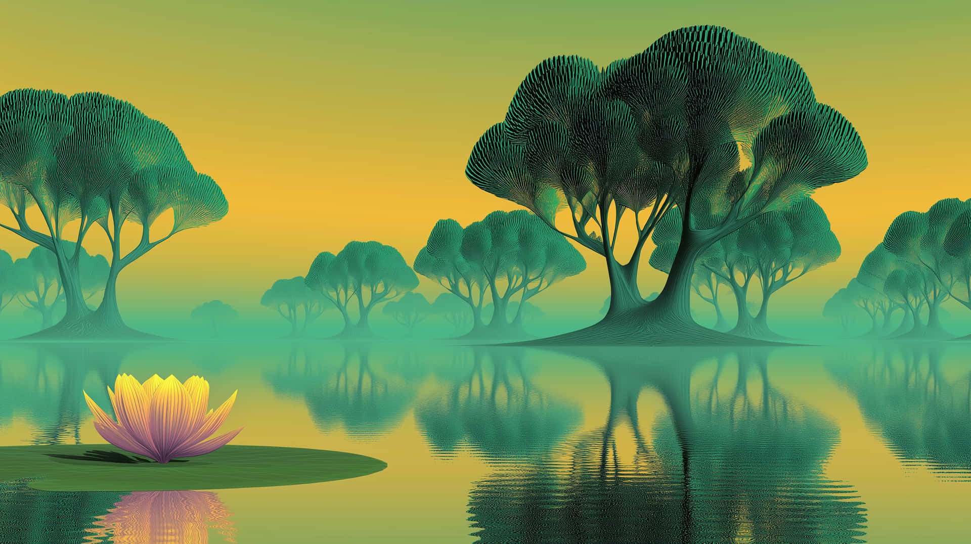Tranquil Water Scene with Majestic Fantasy Trees 壁紙 — 超現實景觀，風格化的樹木帶有紋理樹冠，倒映在平靜的水面上，旁邊是一朵鮮豔的黃色和紫色蓮花。
