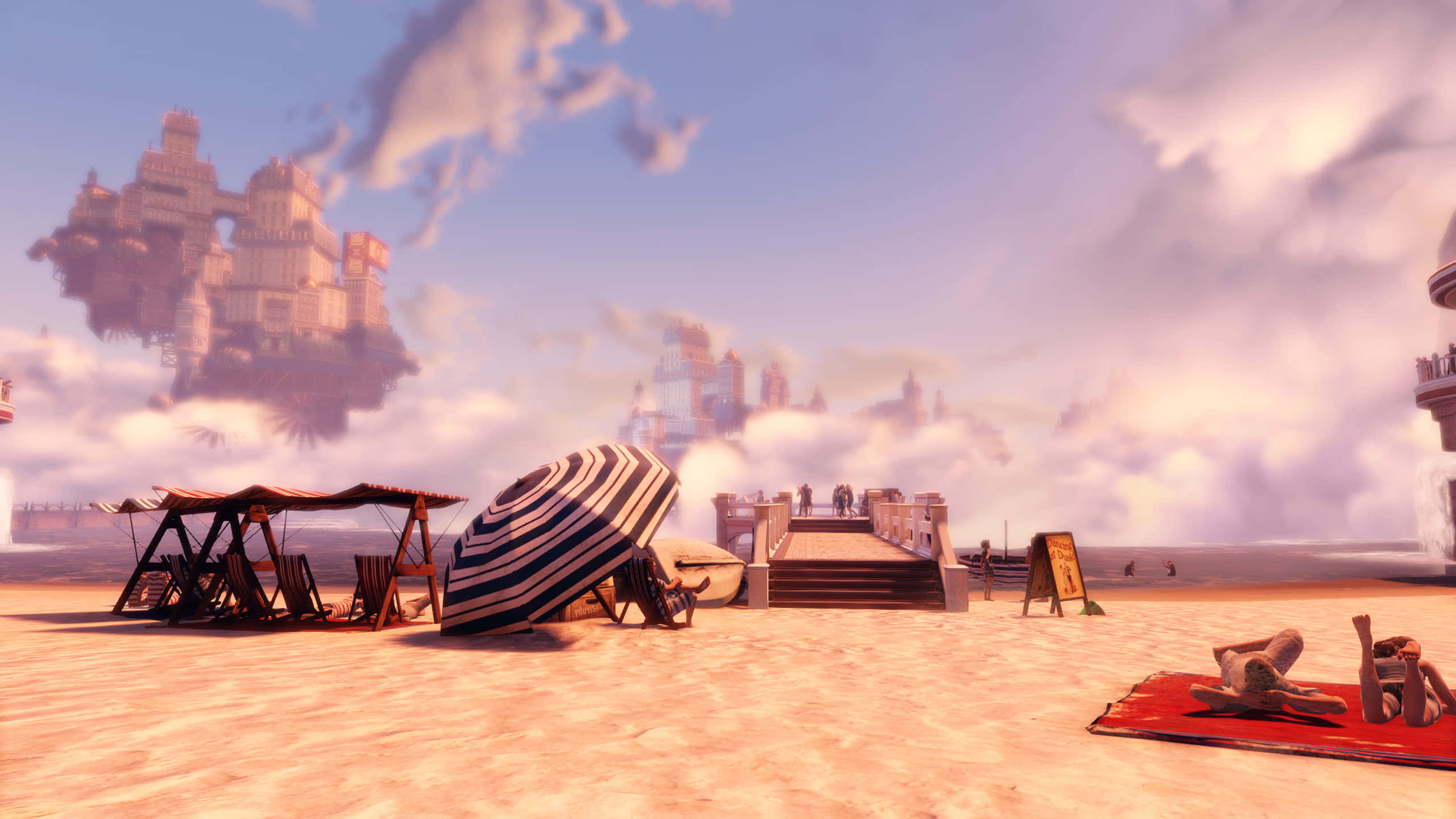 Beach Games 桌布 壁紙 — 超現實海灘場景，沙灘和條紋遮陽傘上方的天空中漂浮著城堡廢墟。