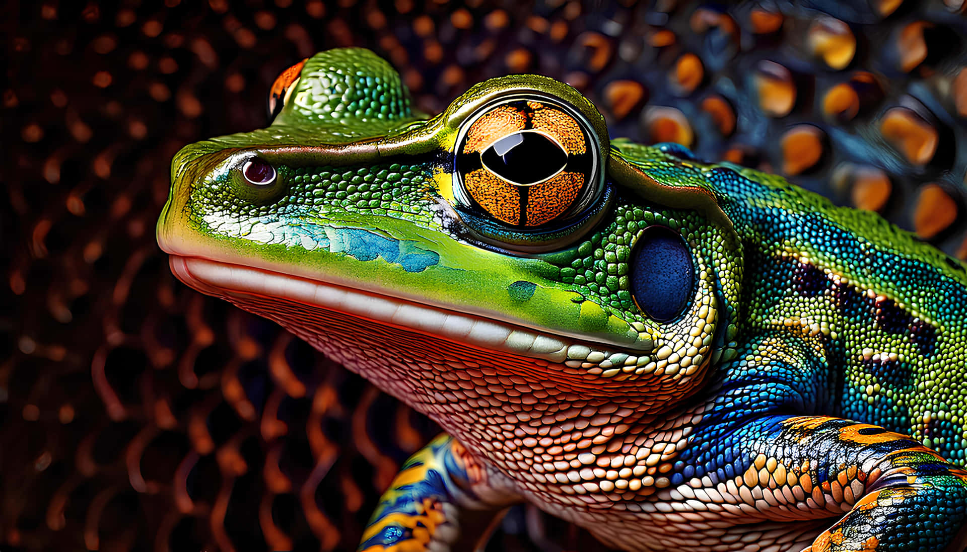 Frog 壁紙 — 超現實特寫：一隻充滿活力的綠色青蛙，金色眼睛，藍色點綴，背景為紋理棕色。