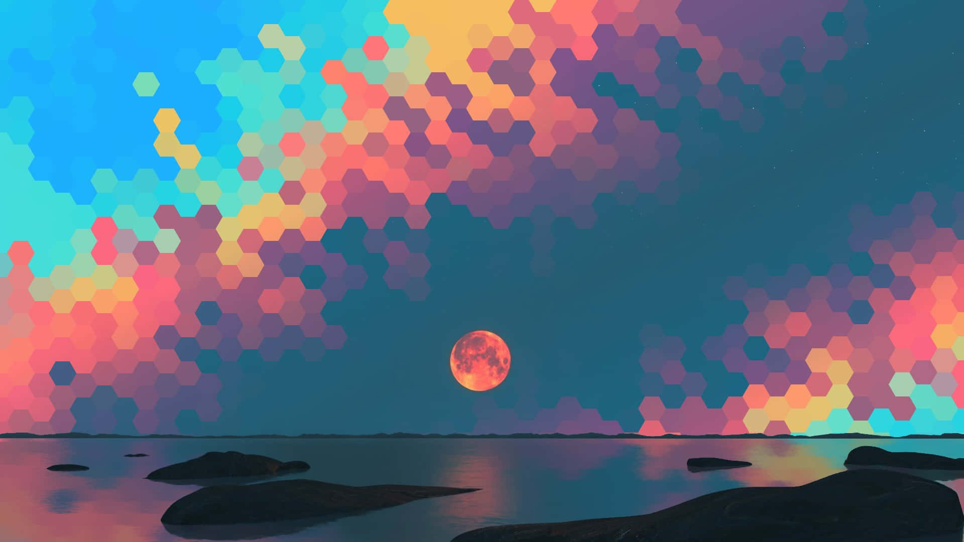 Colorful Abstract Art 桌布 壁紙 — 超現實的六邊形日落天空，平靜的水面和黑暗的岩石上有一輪發光的紅月亮。