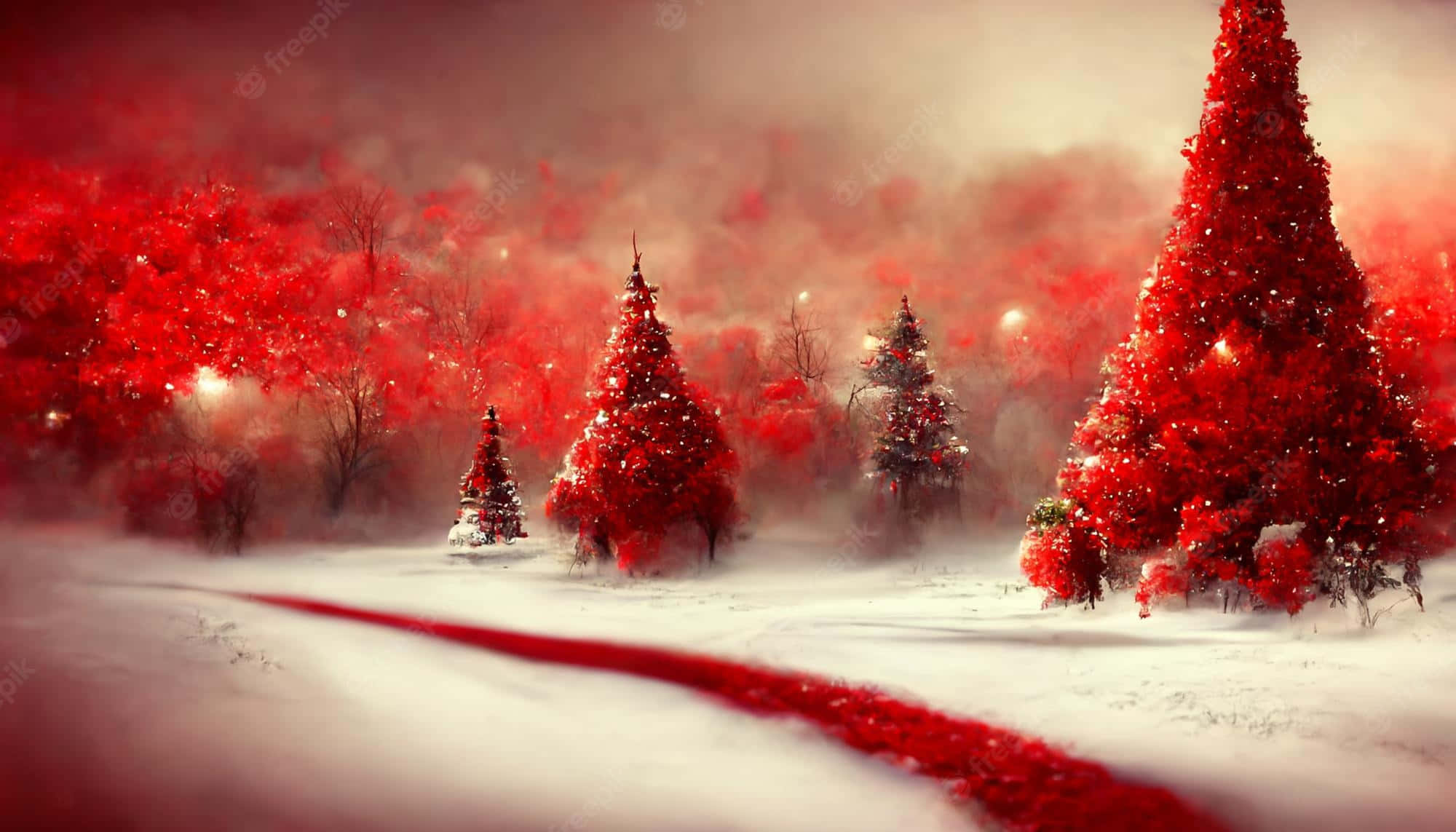 Winter Christmas Desktop 桌布 壁紙 — 超現實的冬日場景，積雪的樹木在朦朧的深紅天空下閃耀著鮮豔的紅色。