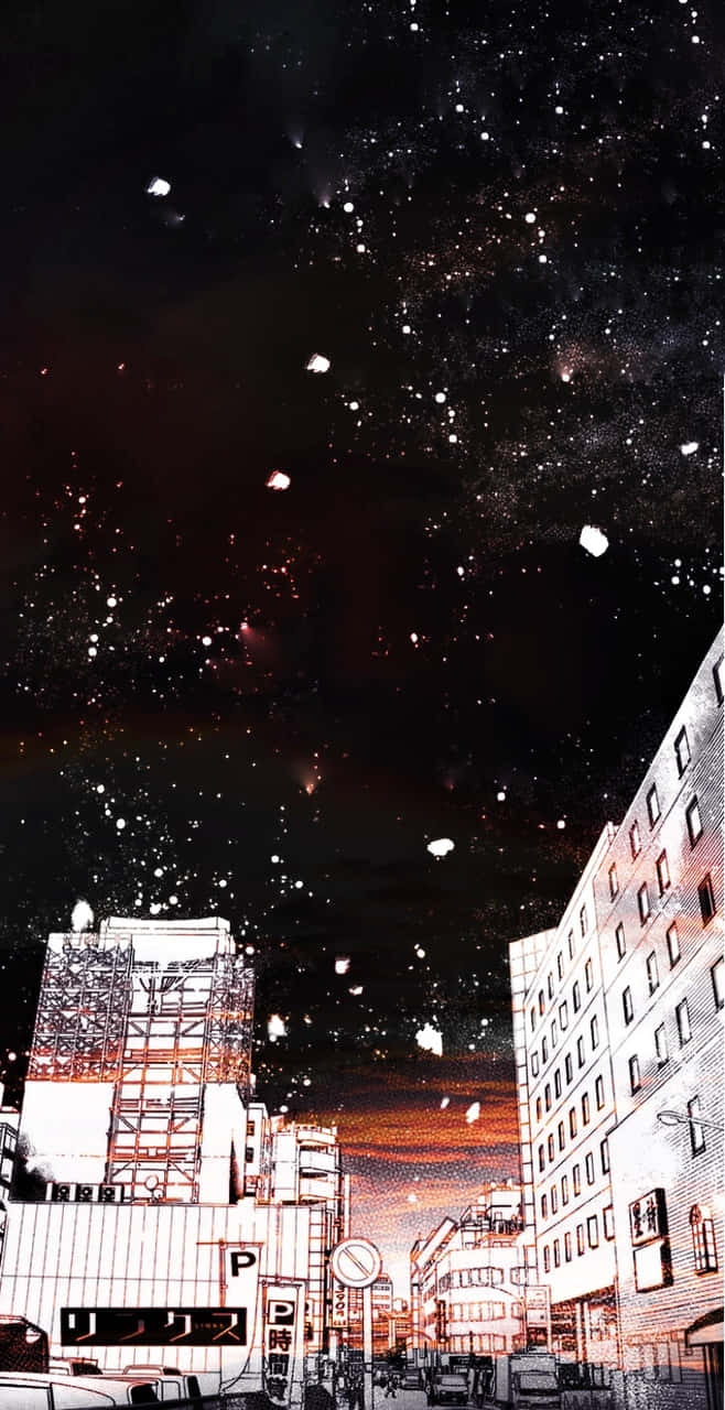 Aesthetic Night Sky 桌布 壁紙 — 超現實的動畫城市夜景，星星和發光粒子落在霓虹燈建築上。