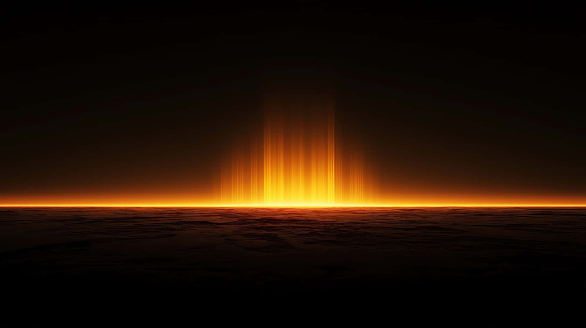 A surreal scene featuring a glowing golden light emerging from the horizon against a dark background 壁紙 — 超現實的地平線，耀眼金色光束穿透黑暗天空，照耀在紋理表面上。