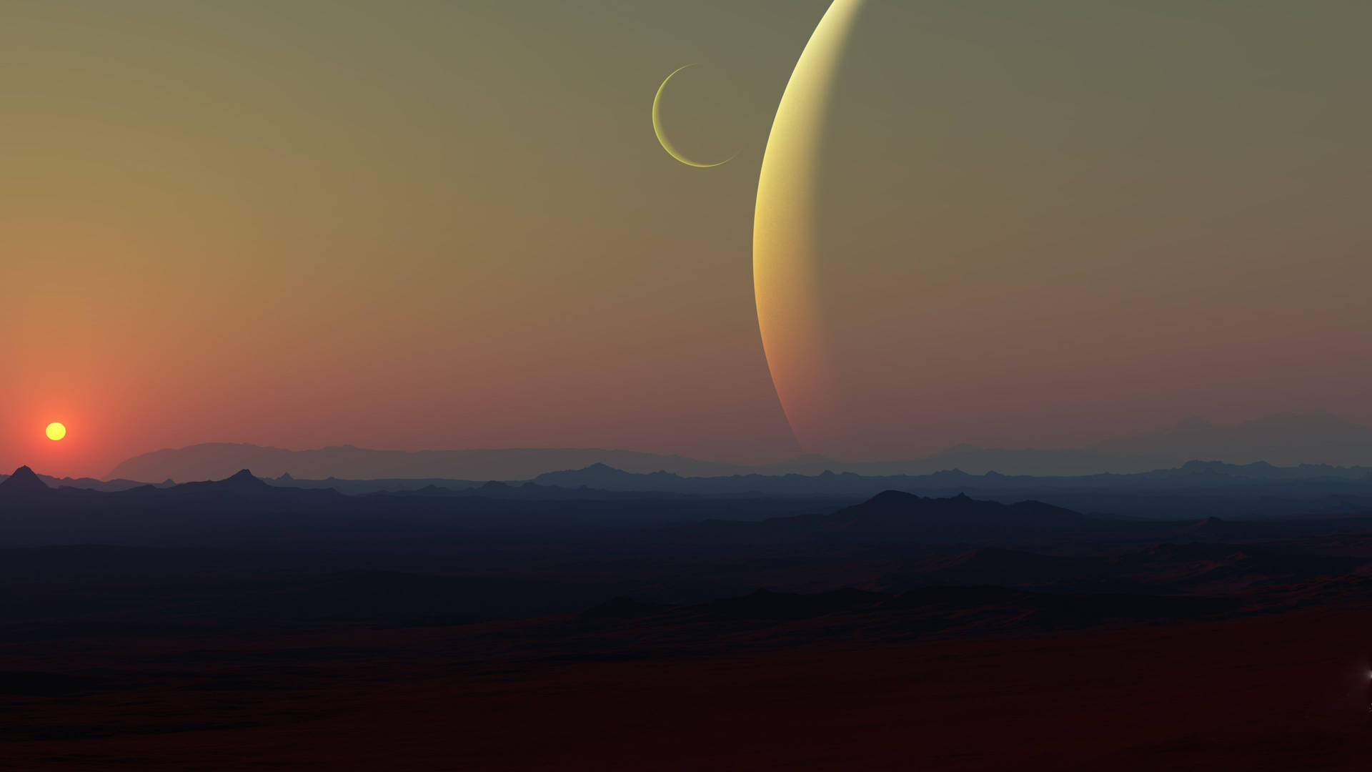 日落時分的外星沙漠景觀，天空中有巨大行星和彎月。 — 3840x2160 動態圖片 壁紙